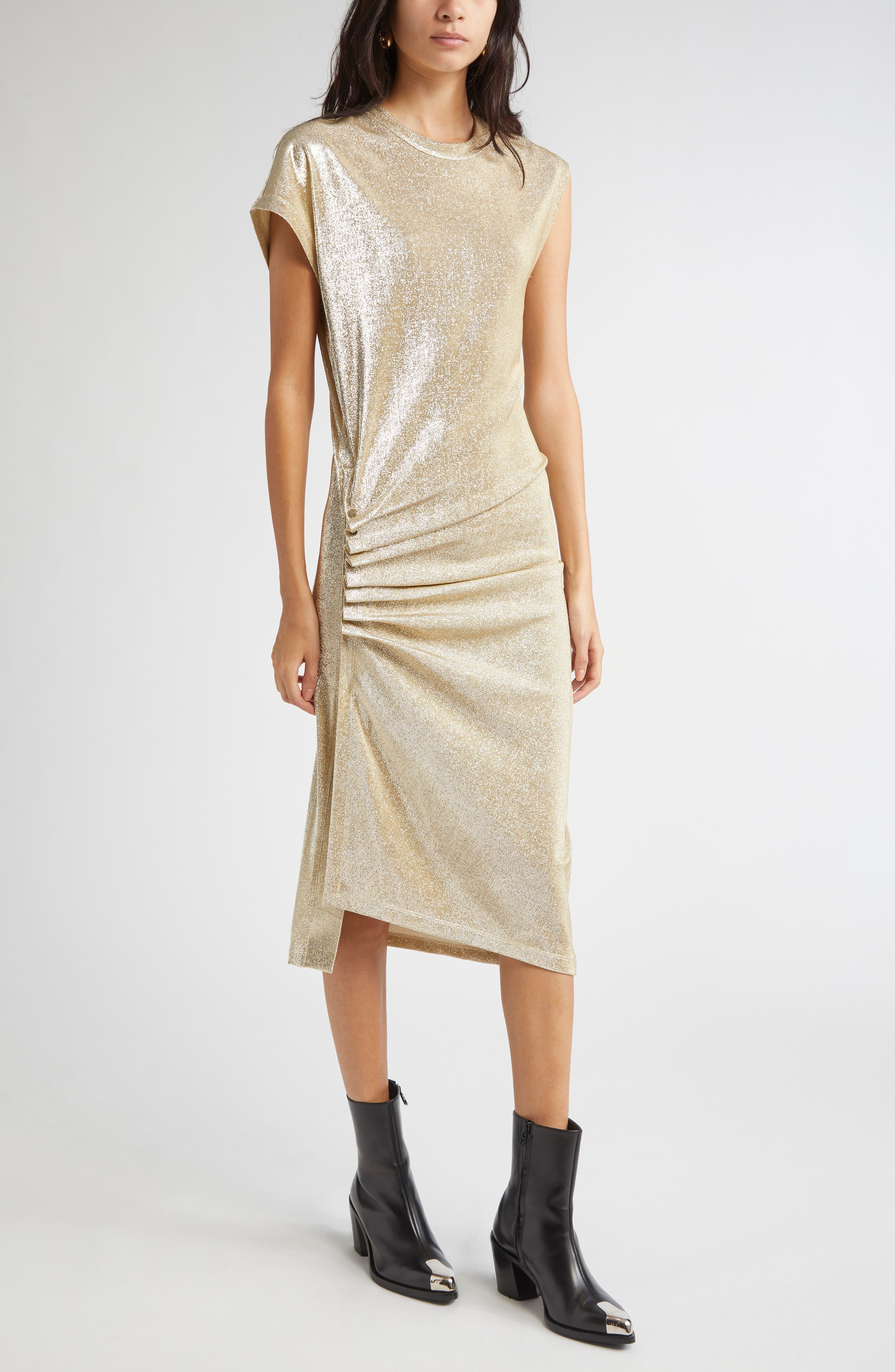 Rabanne Drapé Pression Metallic Knit Dress in Silver /Gold at Nordstrom - 4