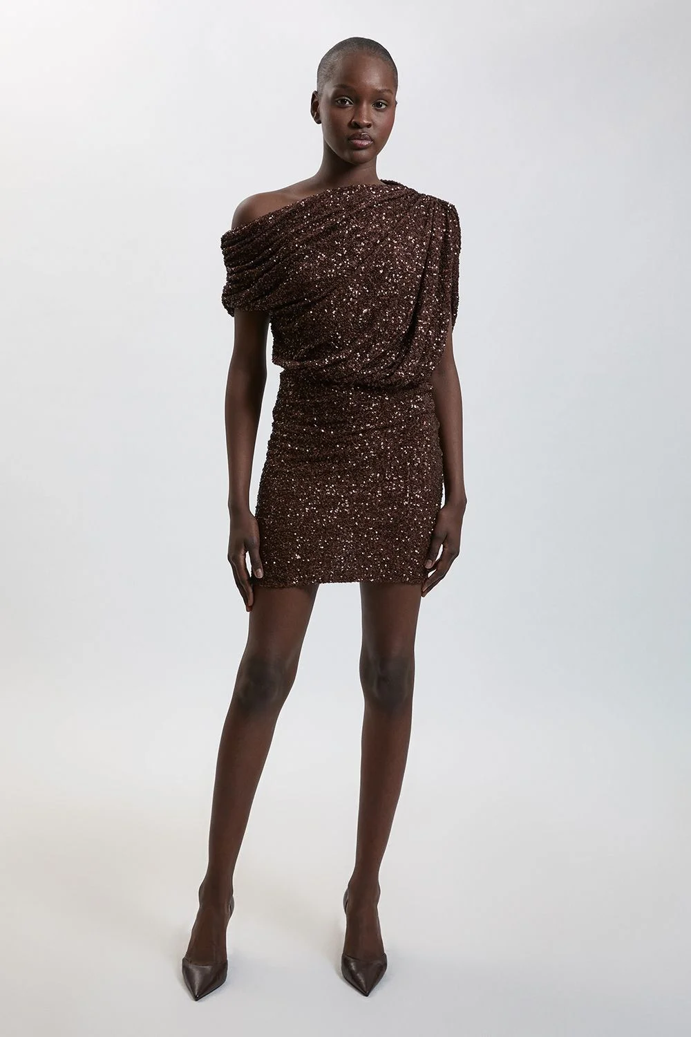 Draped One Shoulder Jersey Stretch Sequin Mini Dress - 1