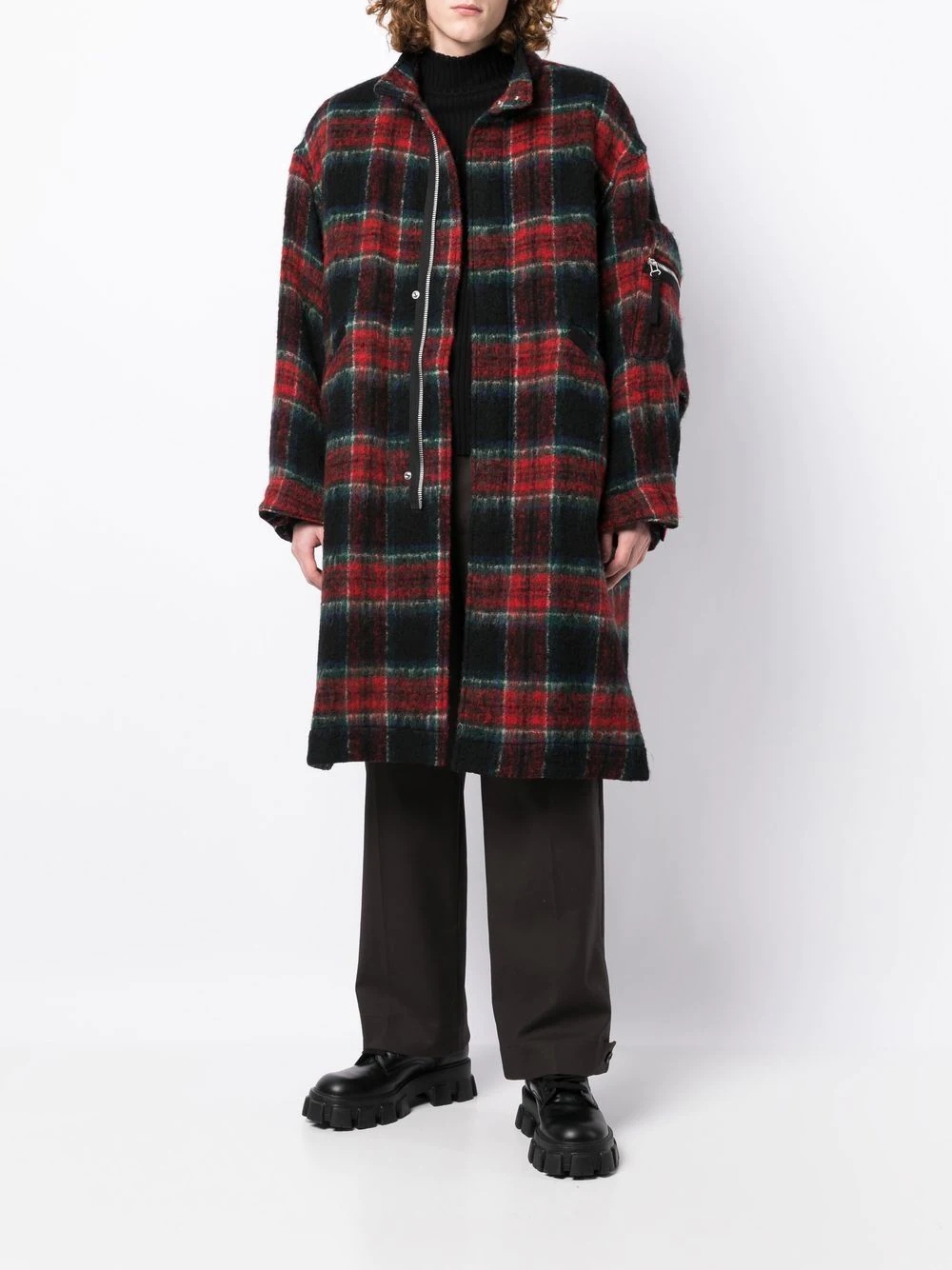check-pattern zip-front midi coat - 2