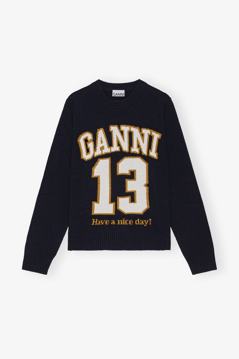 DARK BLUE GRAPHIC WOOL MIX BASEBALL SWEATER 1