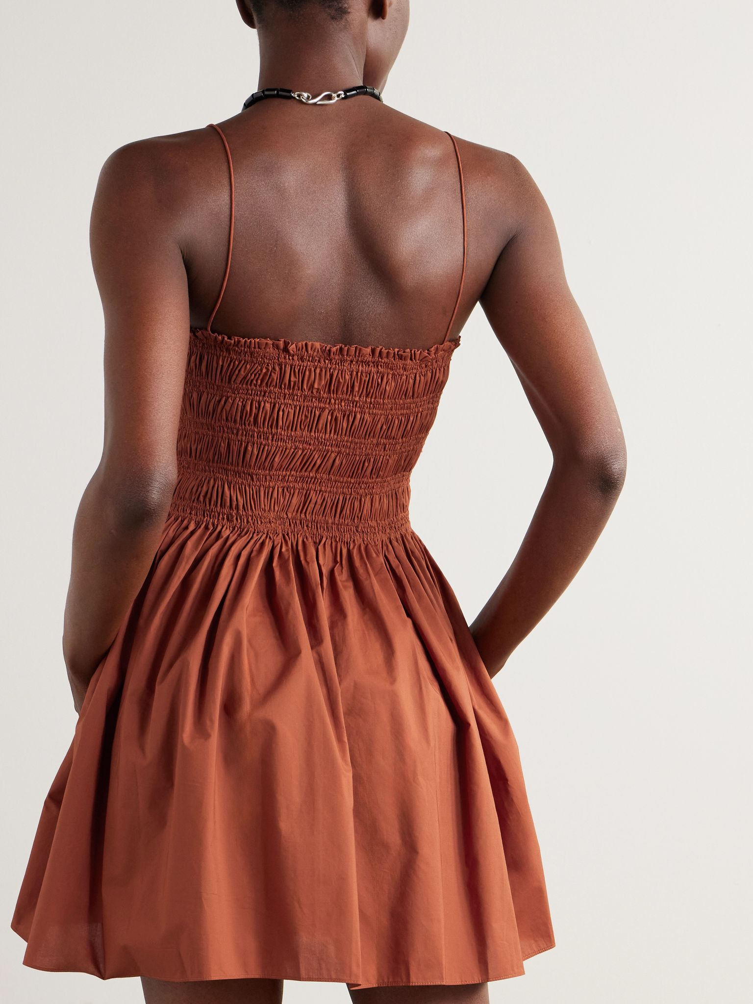 Shirred organic cotton-poplin mini dress Brown - 3