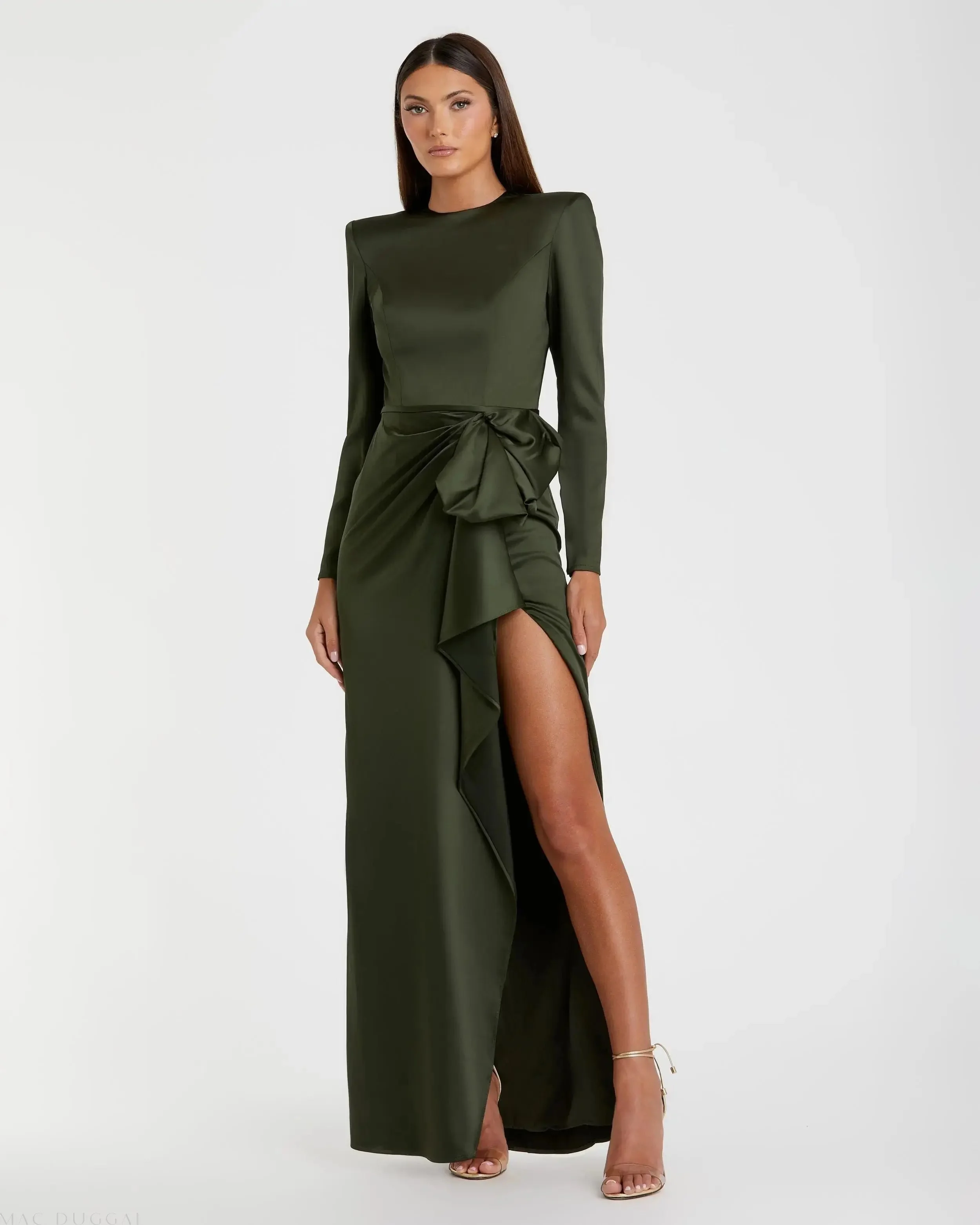 Olive Green Long Sleeve Satin Structured Column Gown - 1
