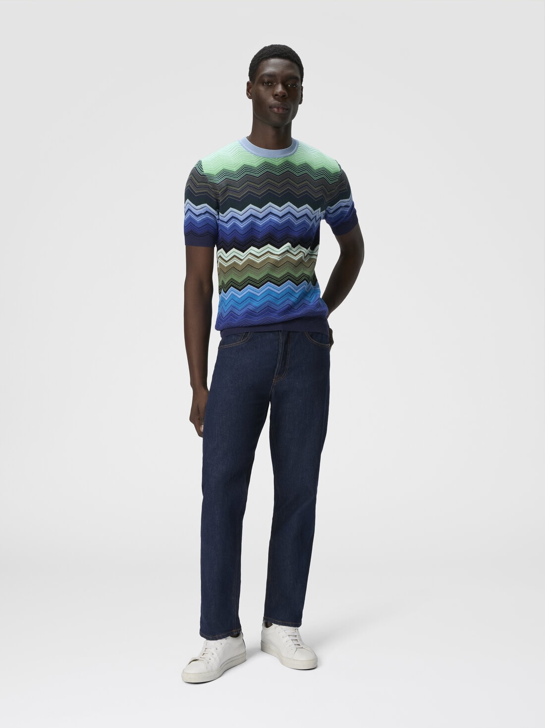 Zig zag cotton knit crewneck T-shirt with contrasting piping - 2