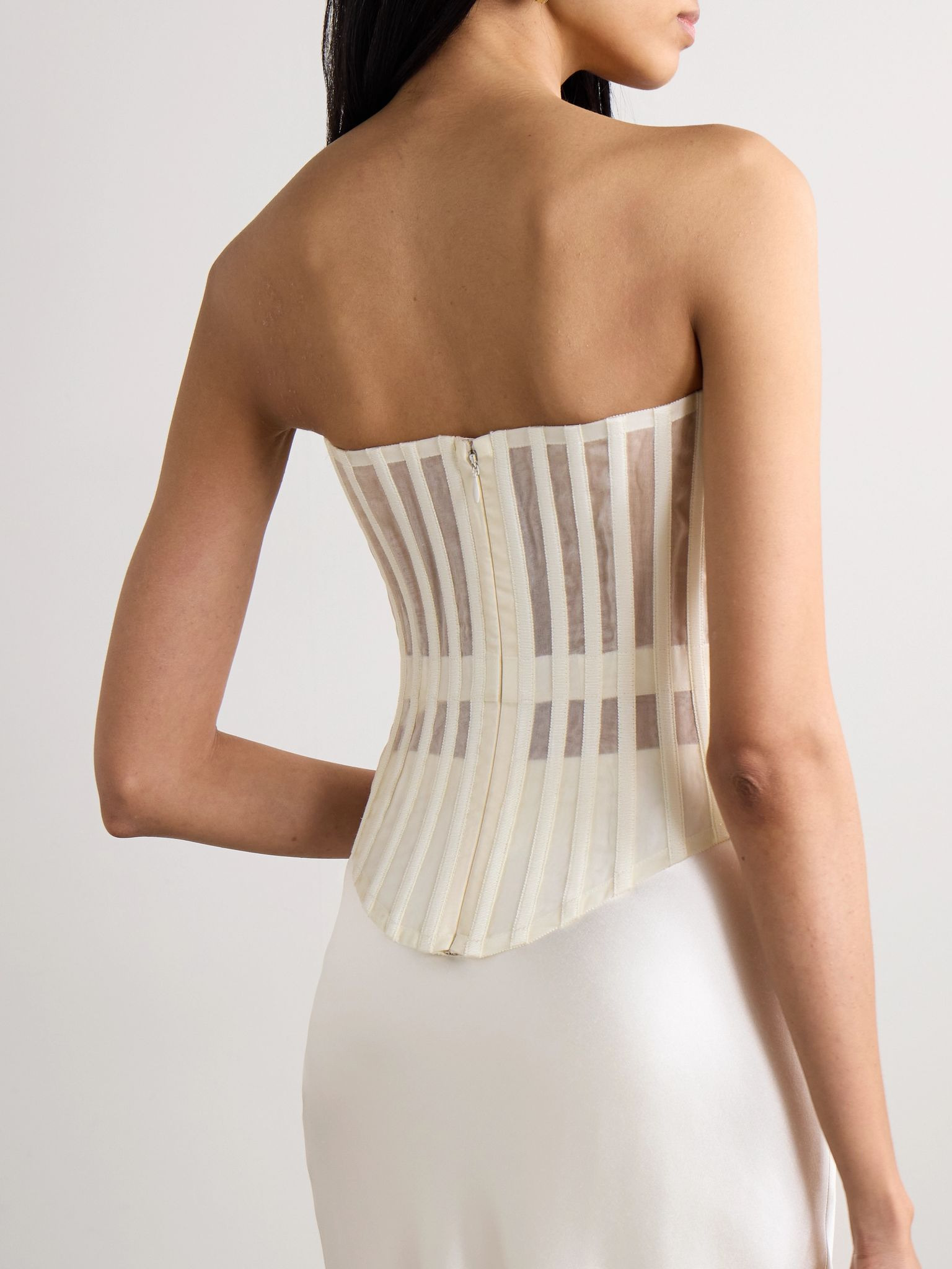 Milo organza and grosgrain-trimmed ruched tulle bustier top Off-white - 3