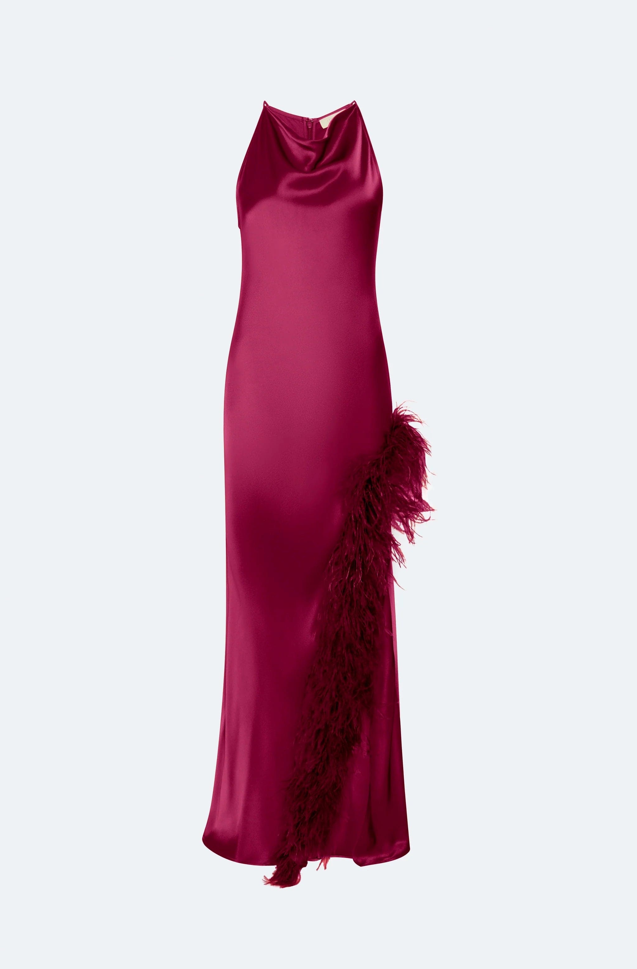 Satin Halter Gown With Feathers - 1