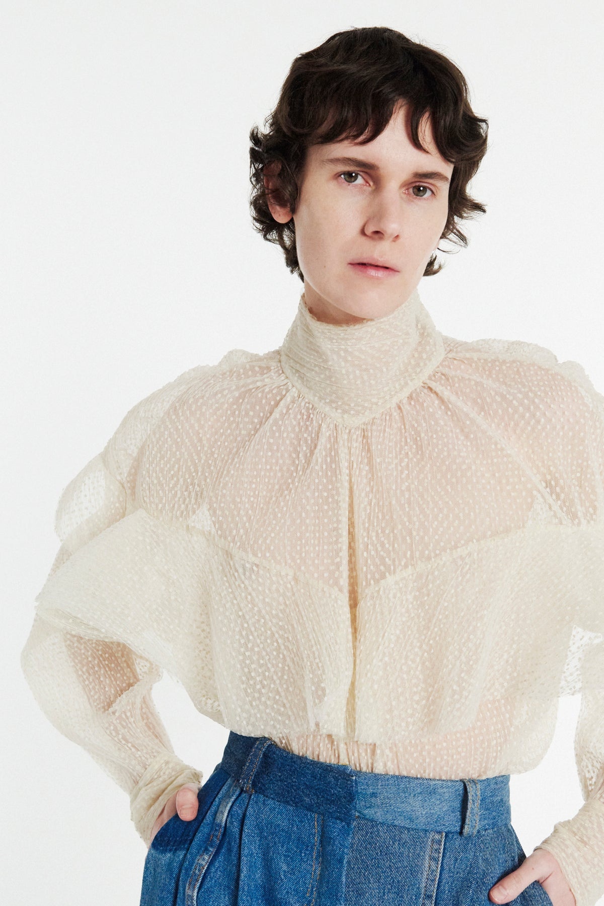DOUBLE LAYERED TULLE TOP WITH CHEST FRILL DETAIL IVORY - 5