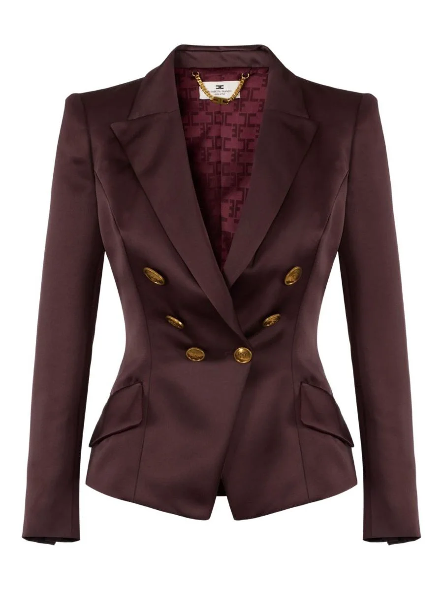 Elisabetta Franchi Burgundy Double-Breasted Duchesse Blazer In Merlot - 1