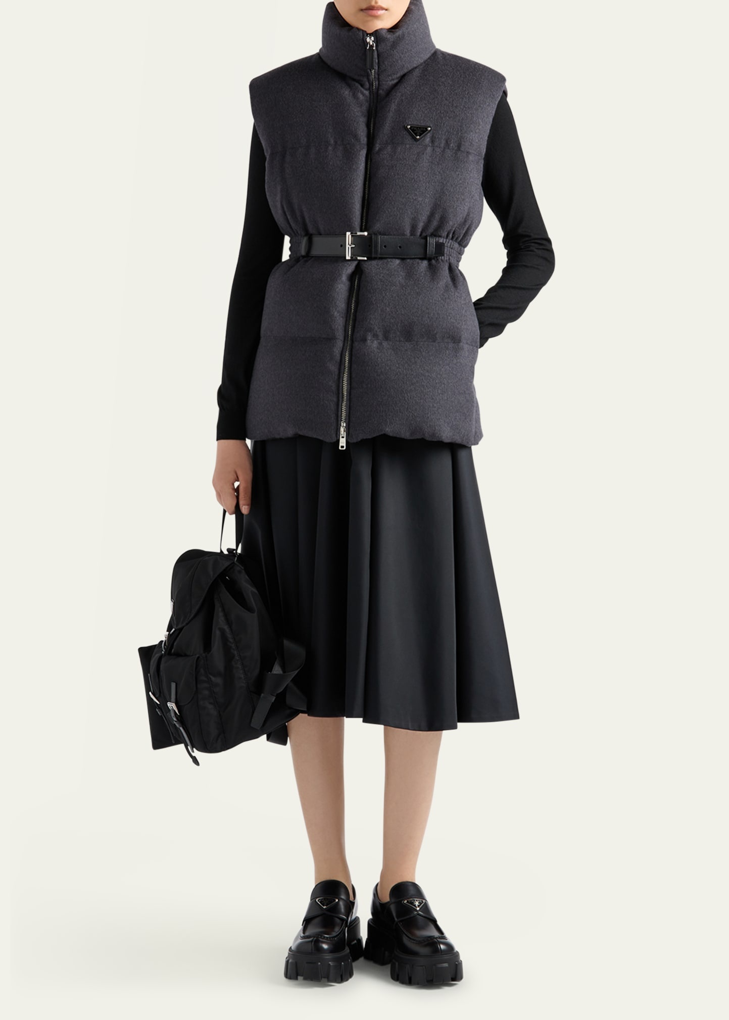 Leather Belted Wool Puffer Vest - 2