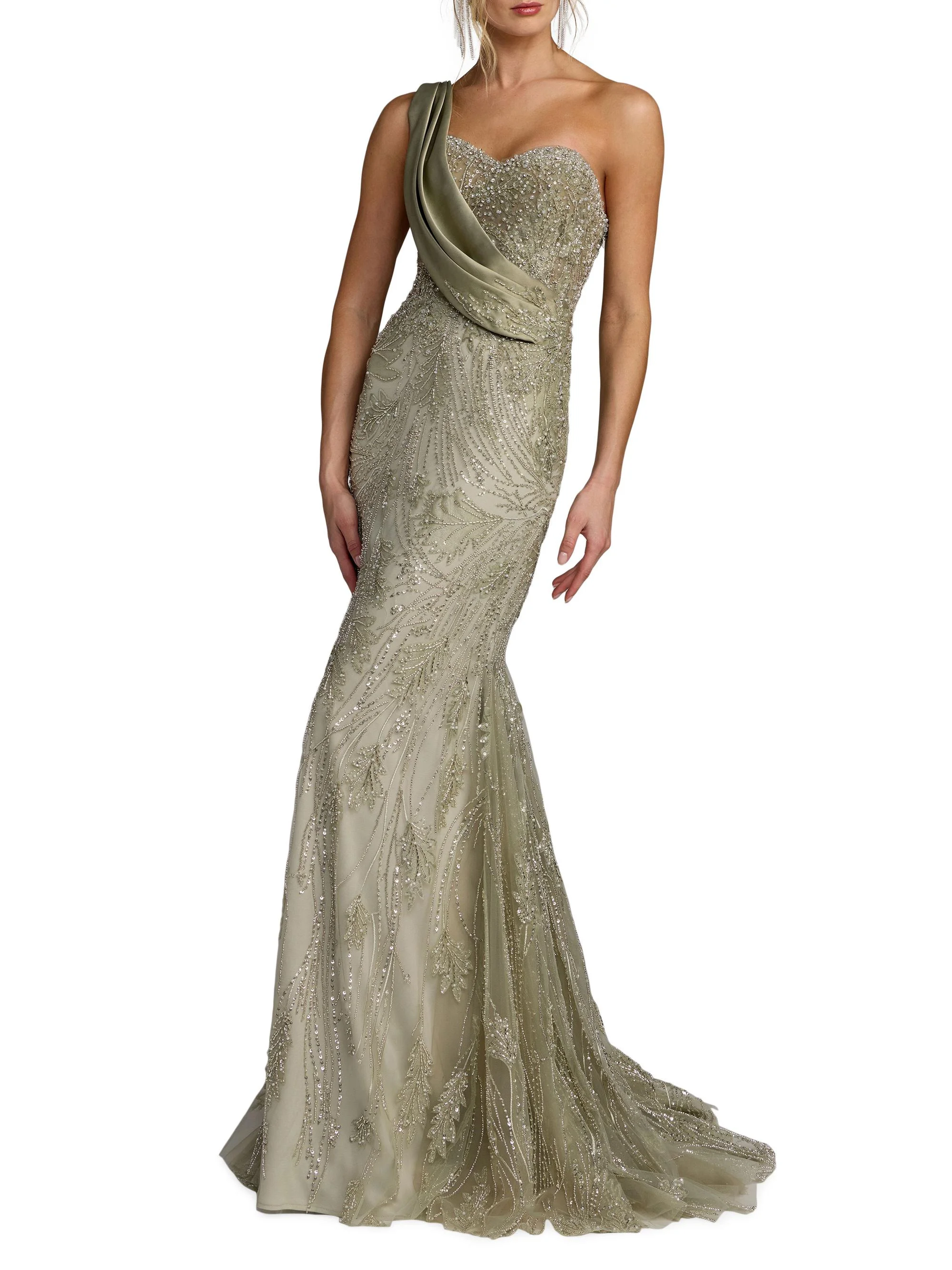 Women's Embellished Taffeta One-Shoulder Mermaid Gown - Sage - 1