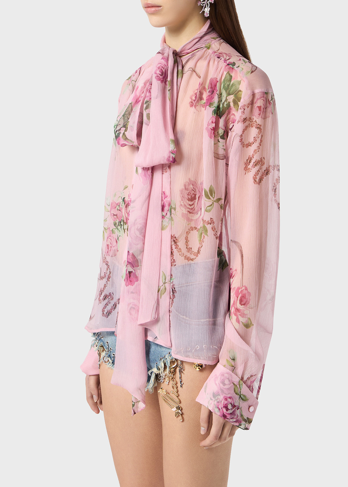 ROSE PRINT SILK CREPONNE BLOUSE - 5