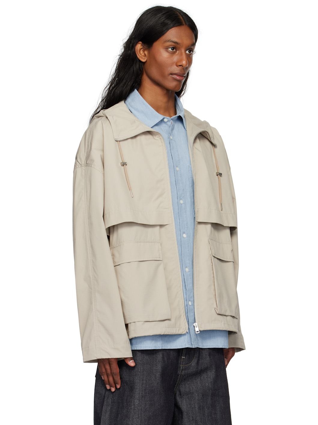 Taupe Hooded Zipped Windbreaker Jacket - 2