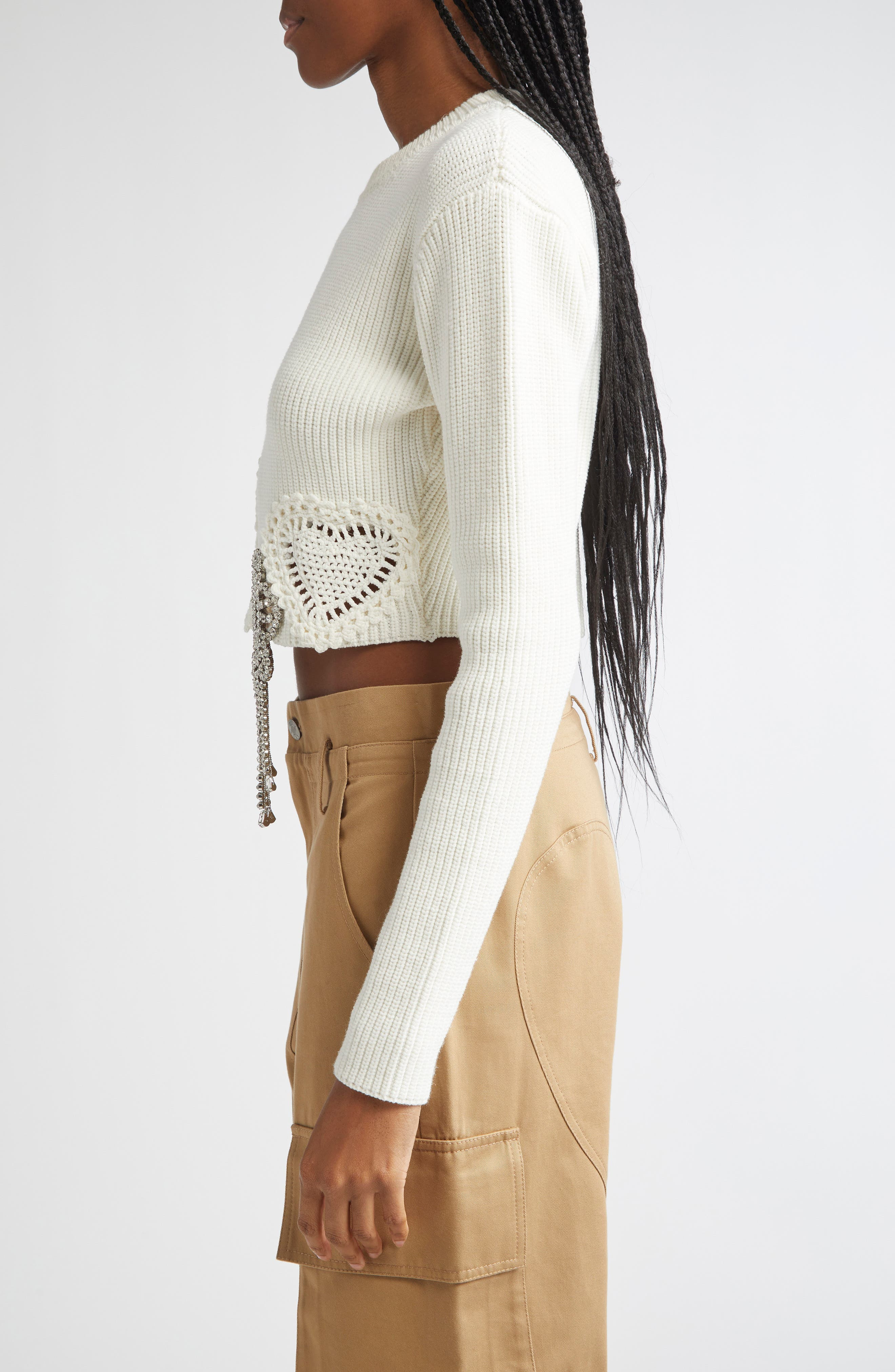 Area Crystal Flower & Crochet Heart Appliqué Crop Rib Sweater in Off White at Nordstrom - 4