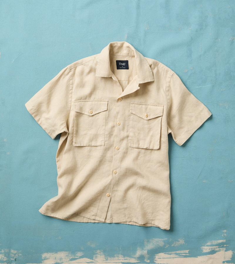 Ecru Linen Short Sleeve Camp Collar Military Shirt - 1