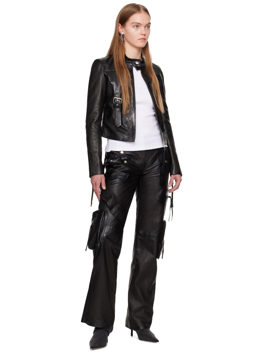 Black Spiral Leather Cargo Pants - 4