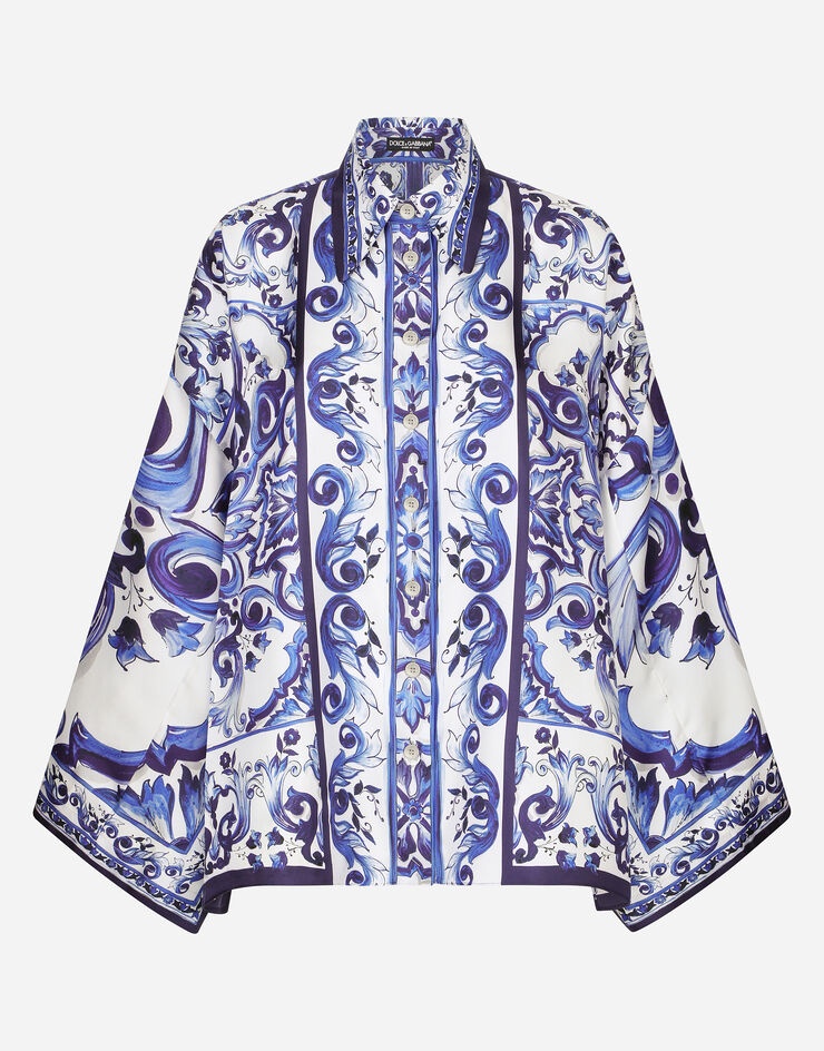 Majolica-print twill shirt with slits - 1