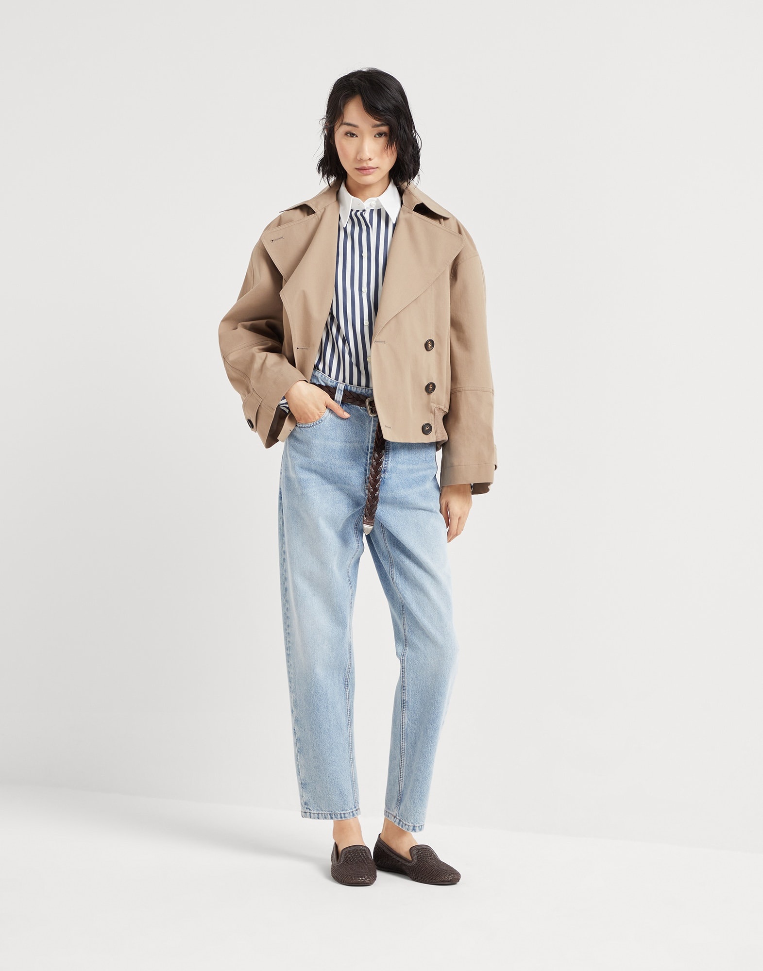 Authentic denim baggy tapered trousers with monili - 4