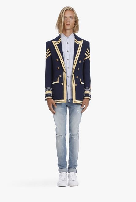 Navy blue embroidered blazer with double-breasted buttoned fastening - 4