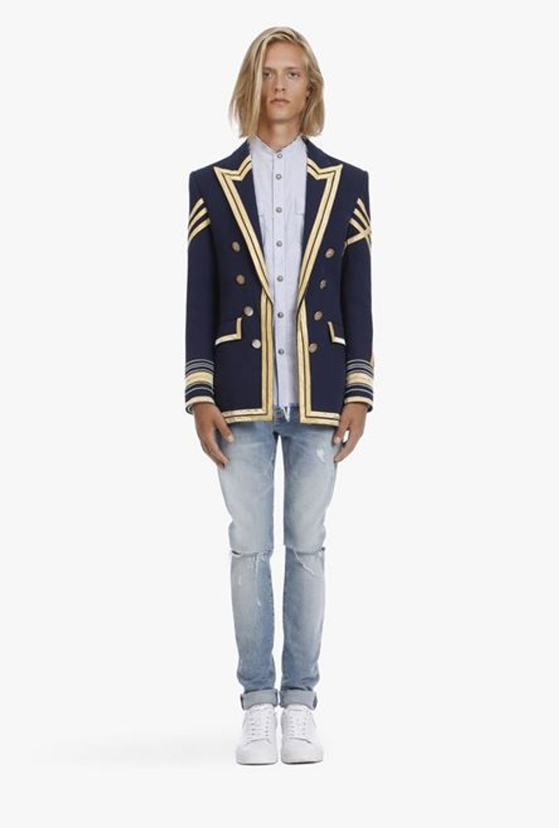 Navy blue embroidered blazer with double-breasted buttoned fastening 4