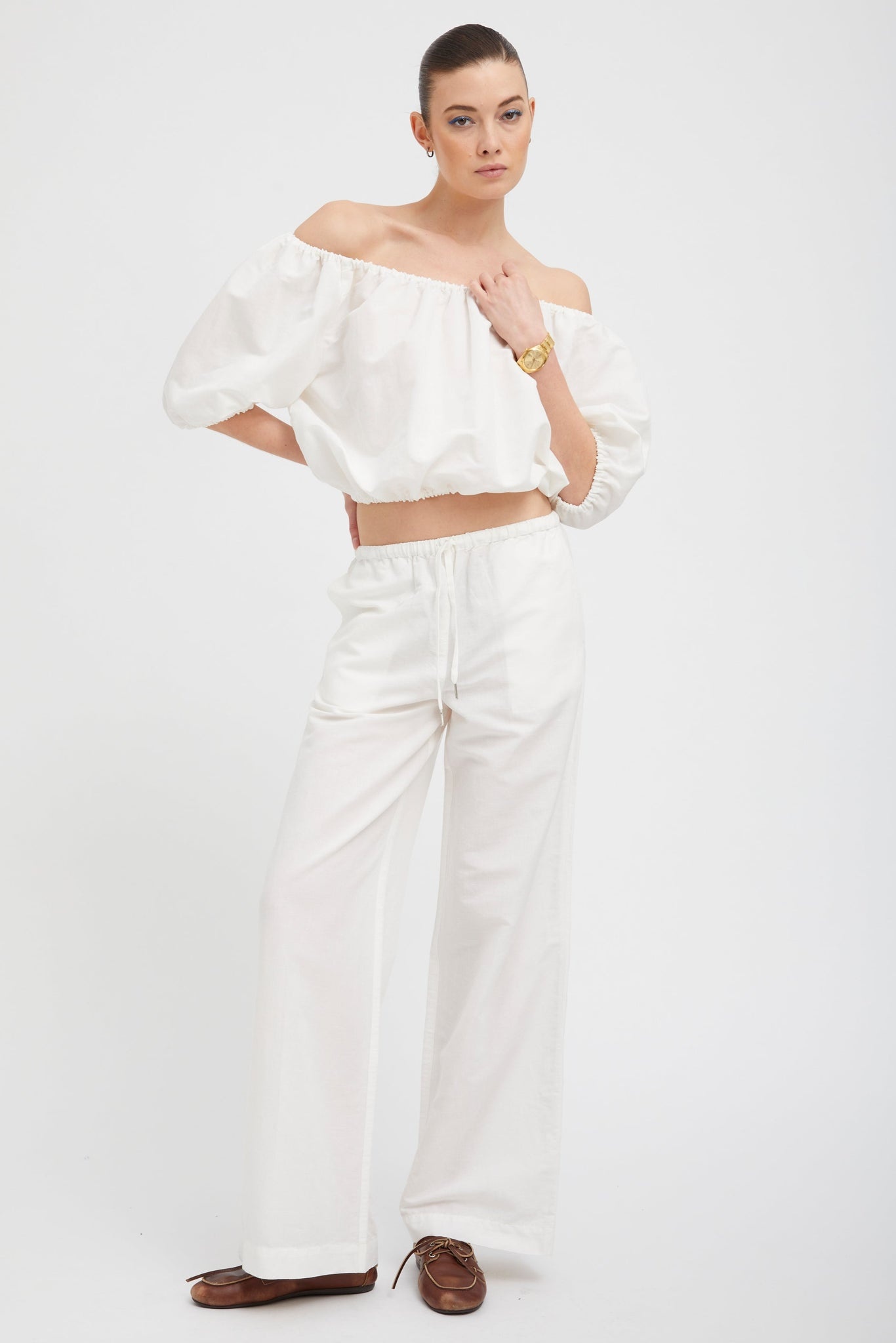 WHITE LINEN DRAWSTRING PANTS - 2