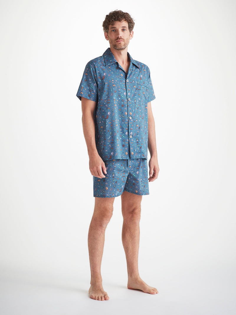 Men's Short Pajamas Cotton Batiste Blue Sea Friends Print - 2