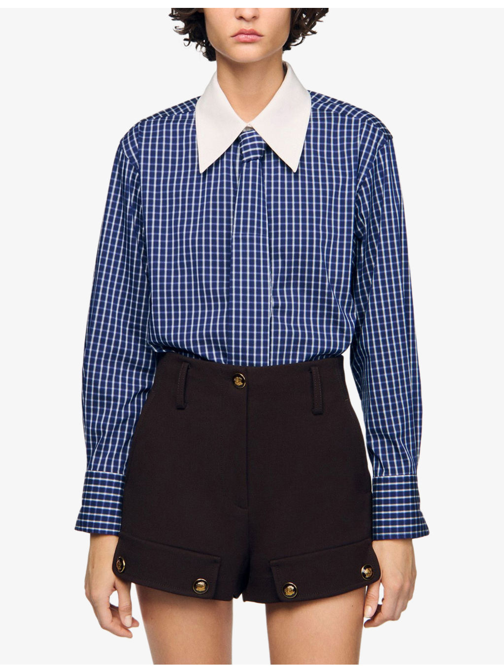 Tie-Neck Long-Sleeve Checked Stretch Cotton-Blend Shirt - 3