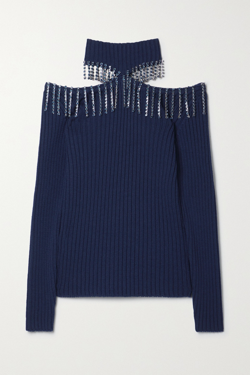 Cold-shoulder crystal-embellished ribbed wool sweater 1