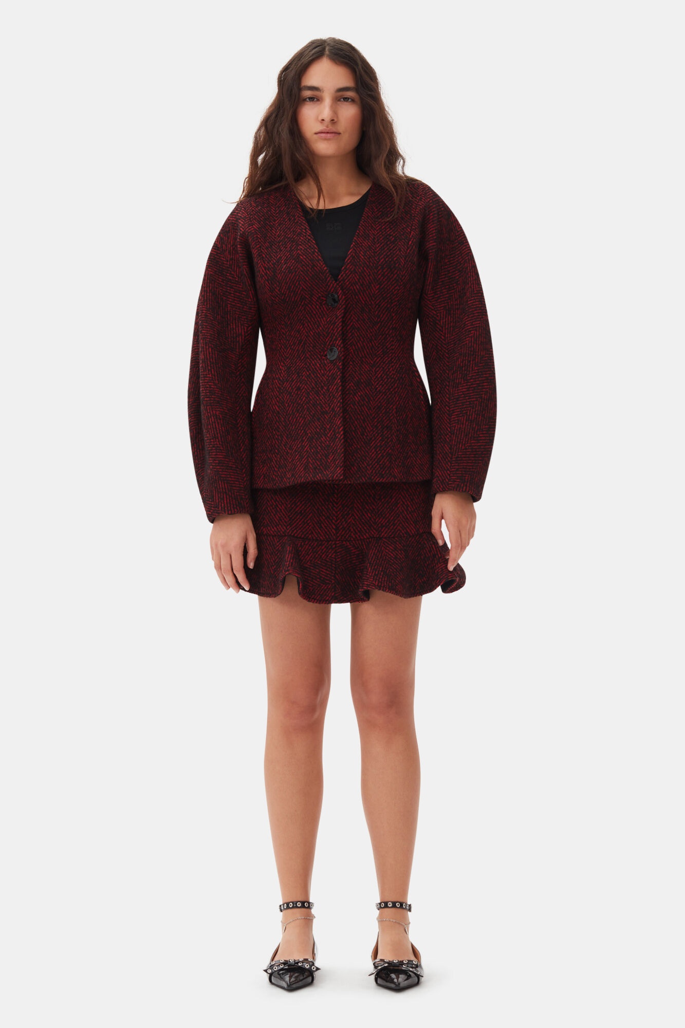 RED HERRINGBONE WOOL CURVE SLEEVE BLAZER - 3