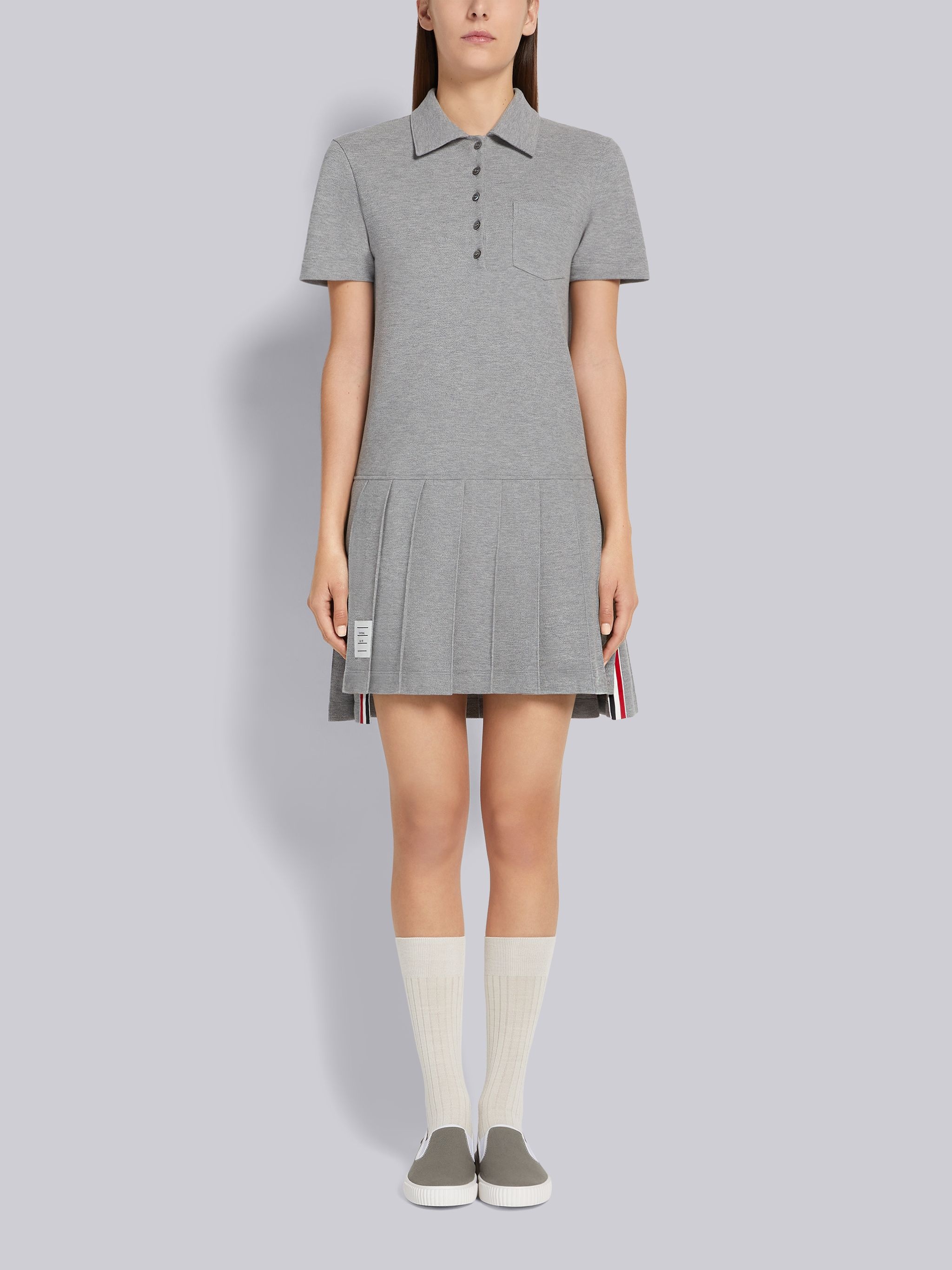 Light Grey Classic Pique Short Sleeve Knee Length Pleated Polo Dress - 1