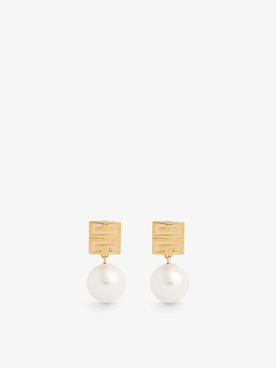 Logo-engraved brass and pearl drop earrings - 1