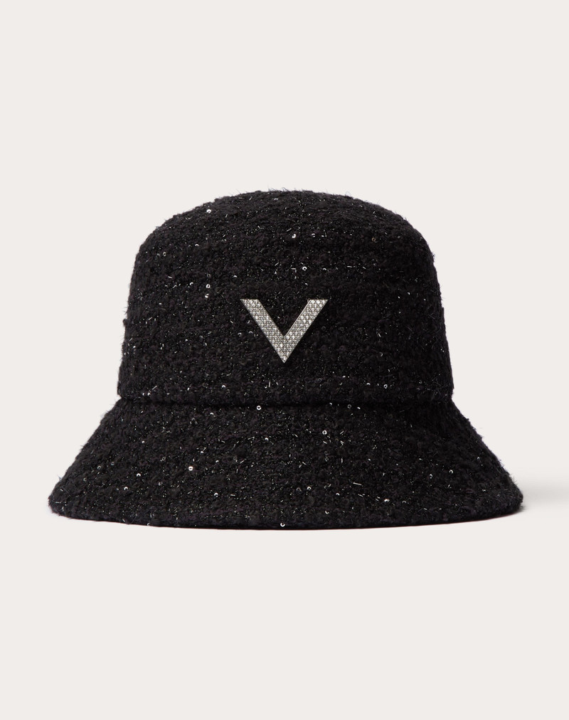 V DETAIL TWEED BUCKET HAT WITH METAL V APPLIQUÉ AND SWAROVSKI® CRYSTAL PAVÉ 1