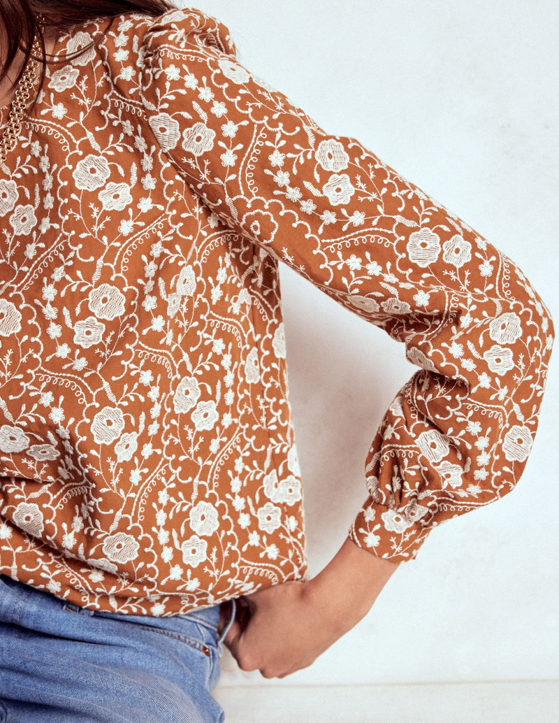 Embroidered Cotton Dobby Top-Brown 3