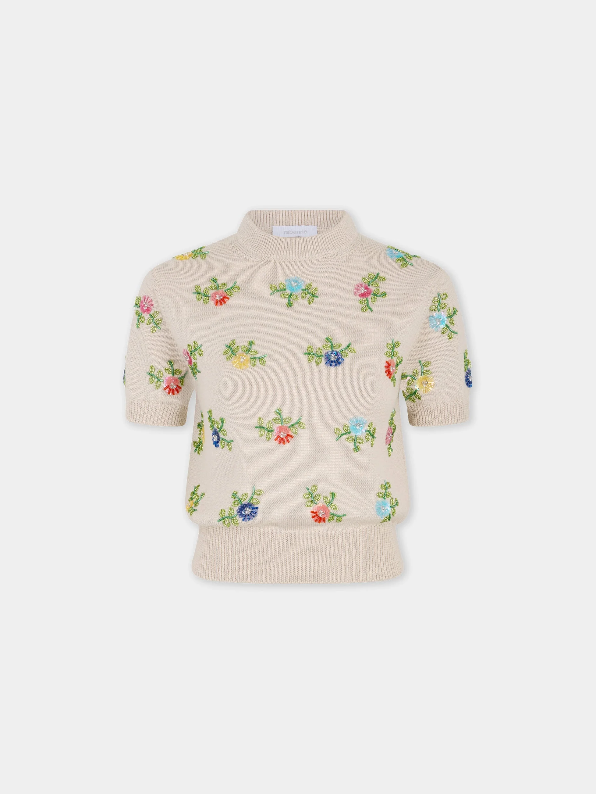 BEIGE WOOL TOP WITH MULTICOLOUR FLORAL EMBROIDERY - 1