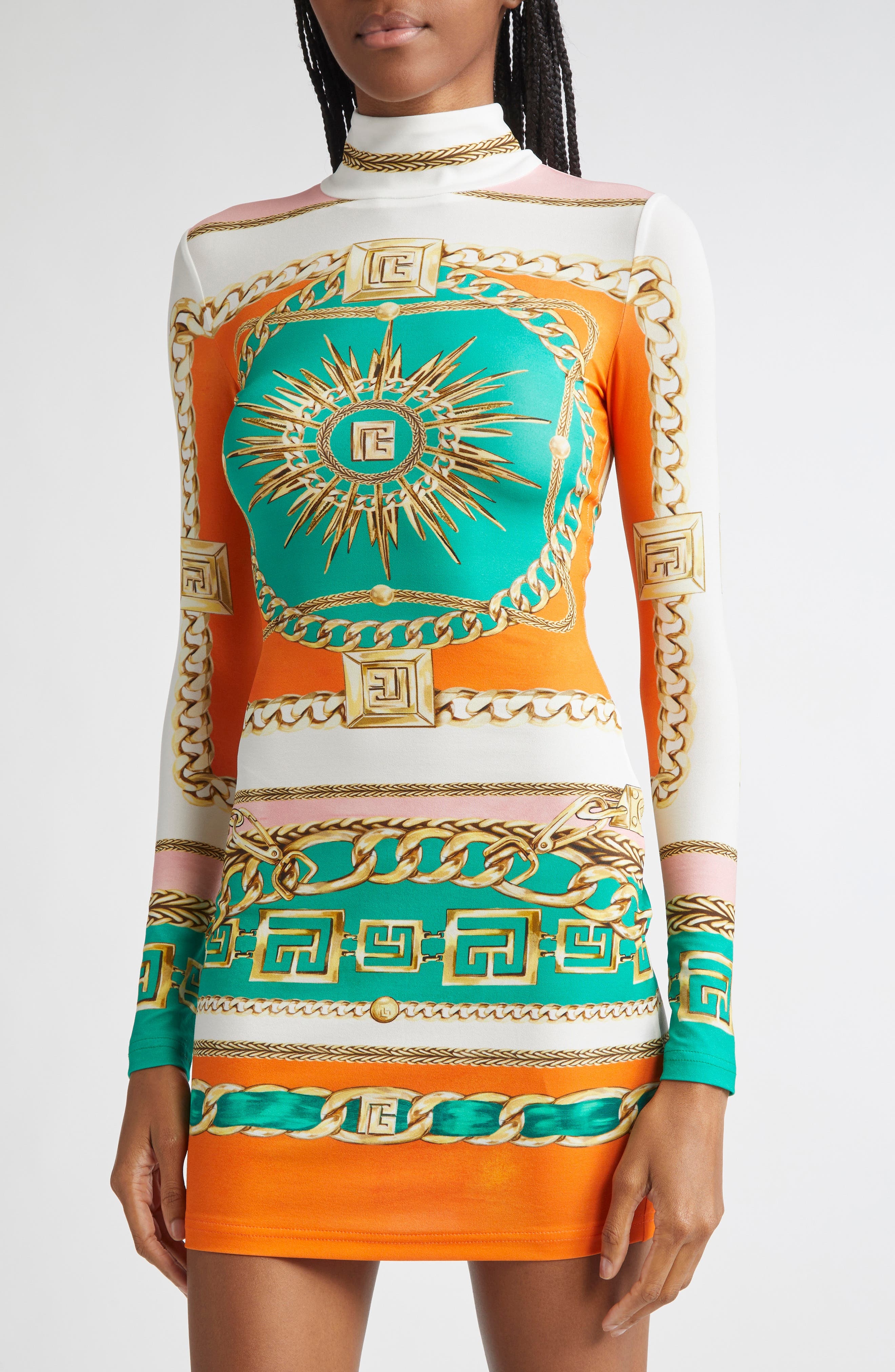 Balmain Foulard Print Long Sleeve Body-Con Minidress in Aaa Multi at Nordstrom - 4