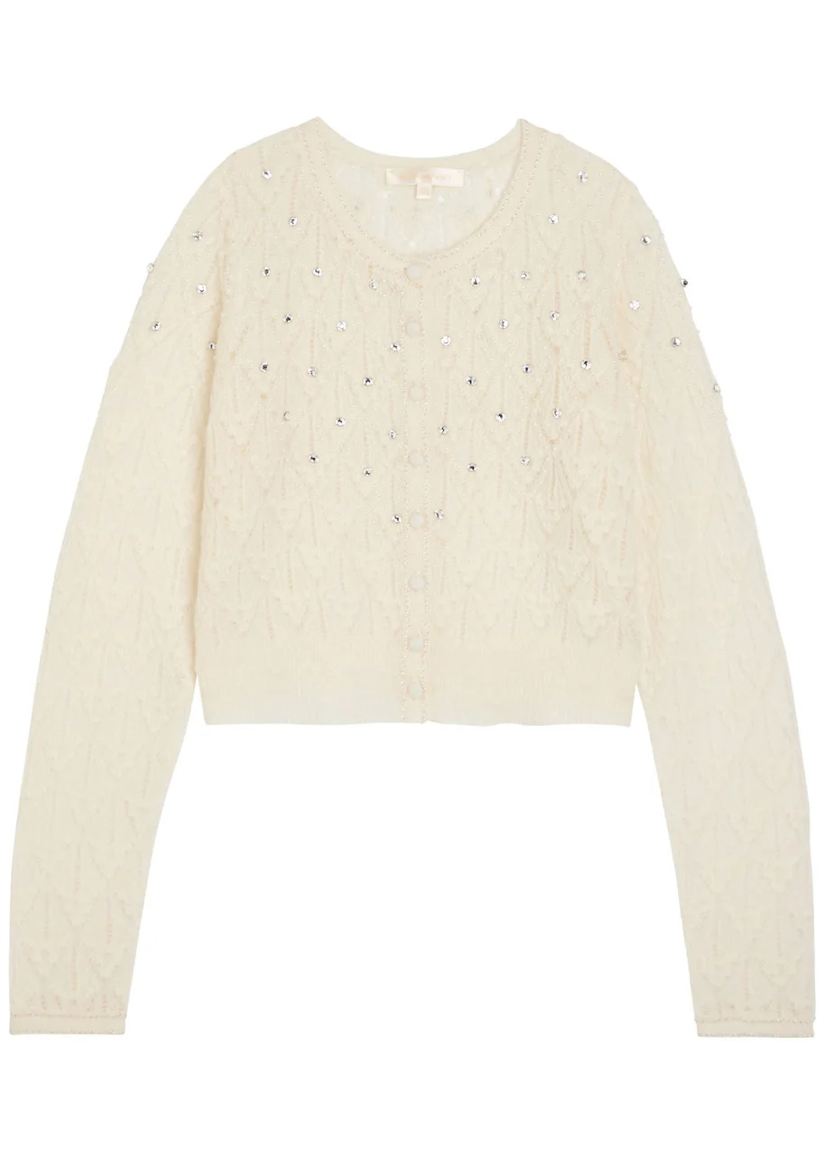 Loveshackfancy Calico Embellished Pointelle-knit Cropped Cardigan - 1