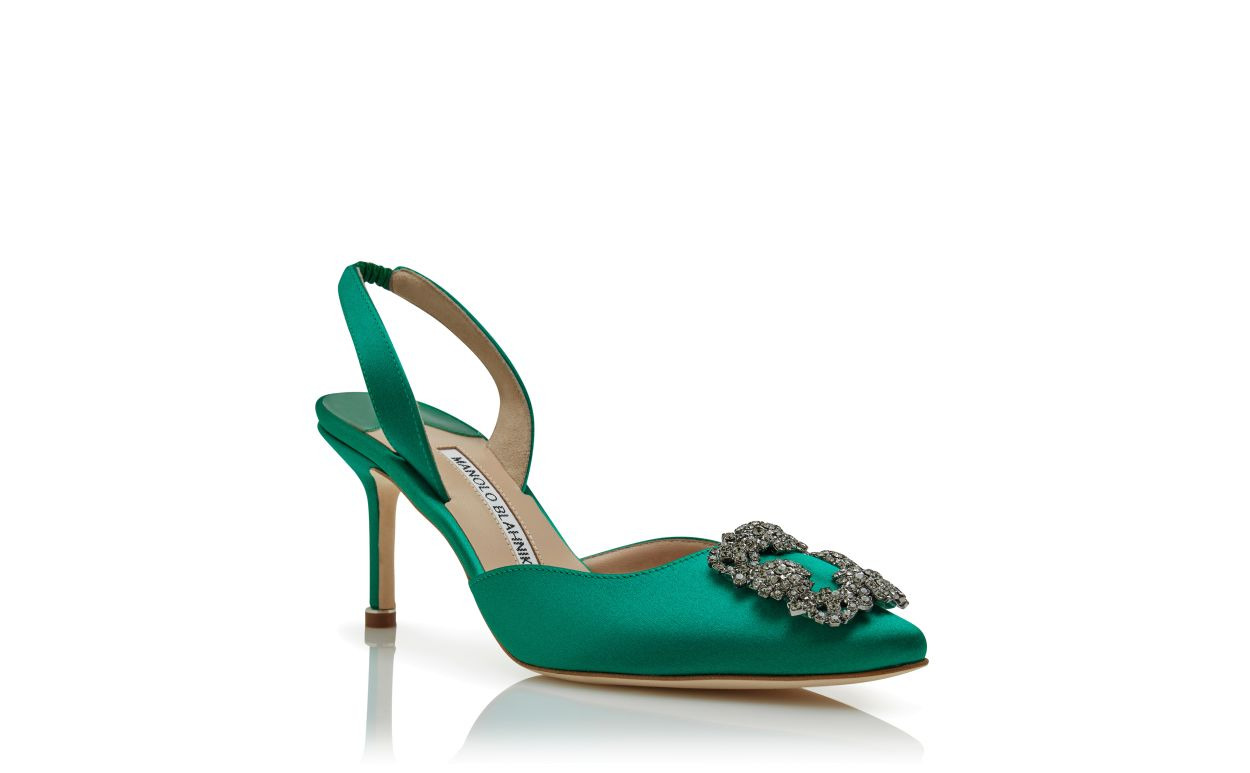 Green Satin Jewel Buckle Slingback Pumps - 3