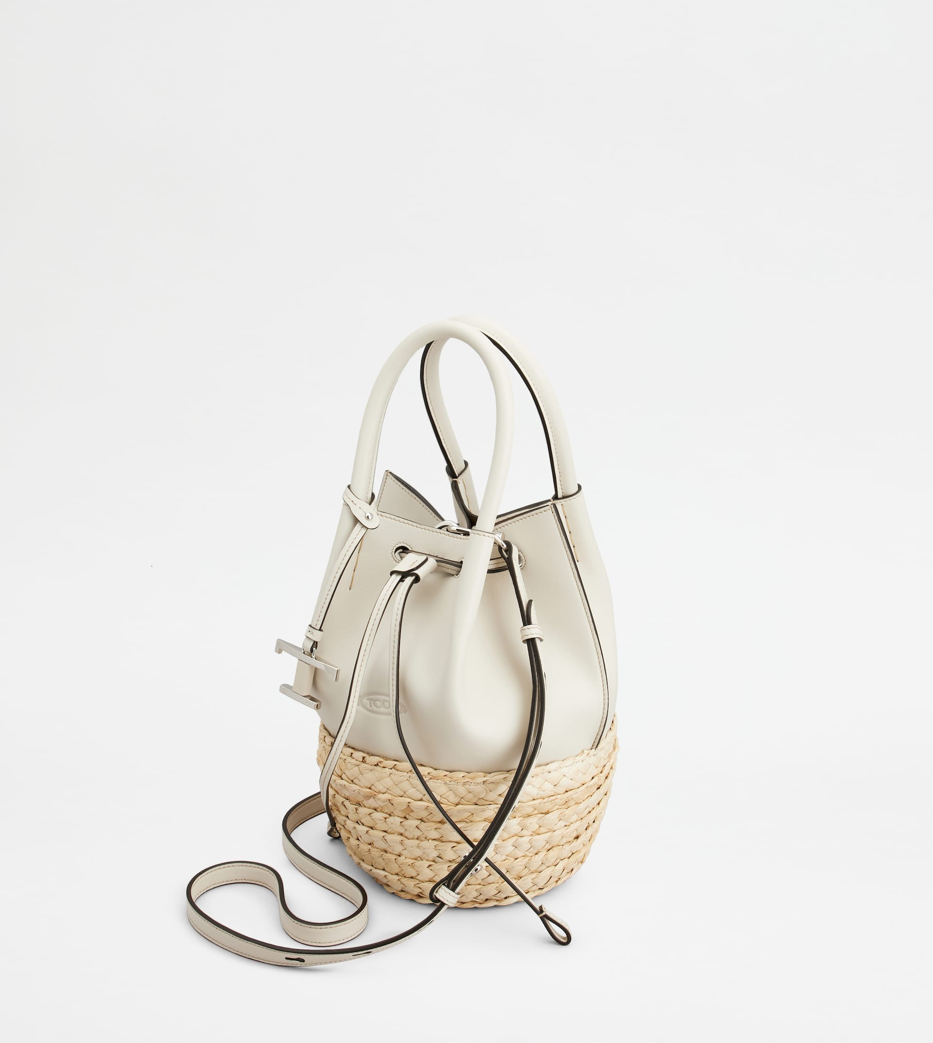 BUCKET BAG IN STRAW AND LEATHER MINI - WHITE, NATURAL - 5