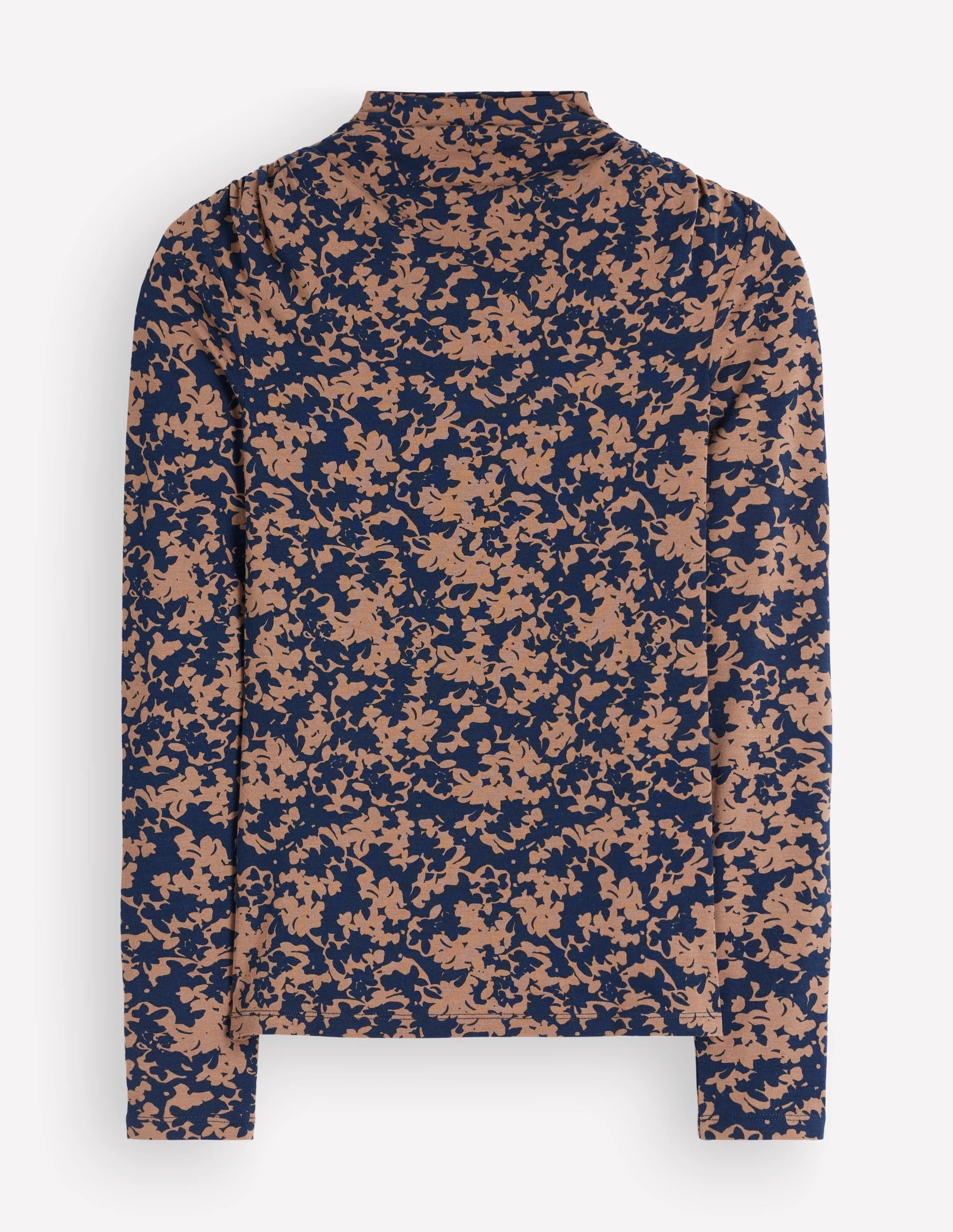 Ruched Neck Long Sleeve-Cappuccino, Sprayed Leaf - 1