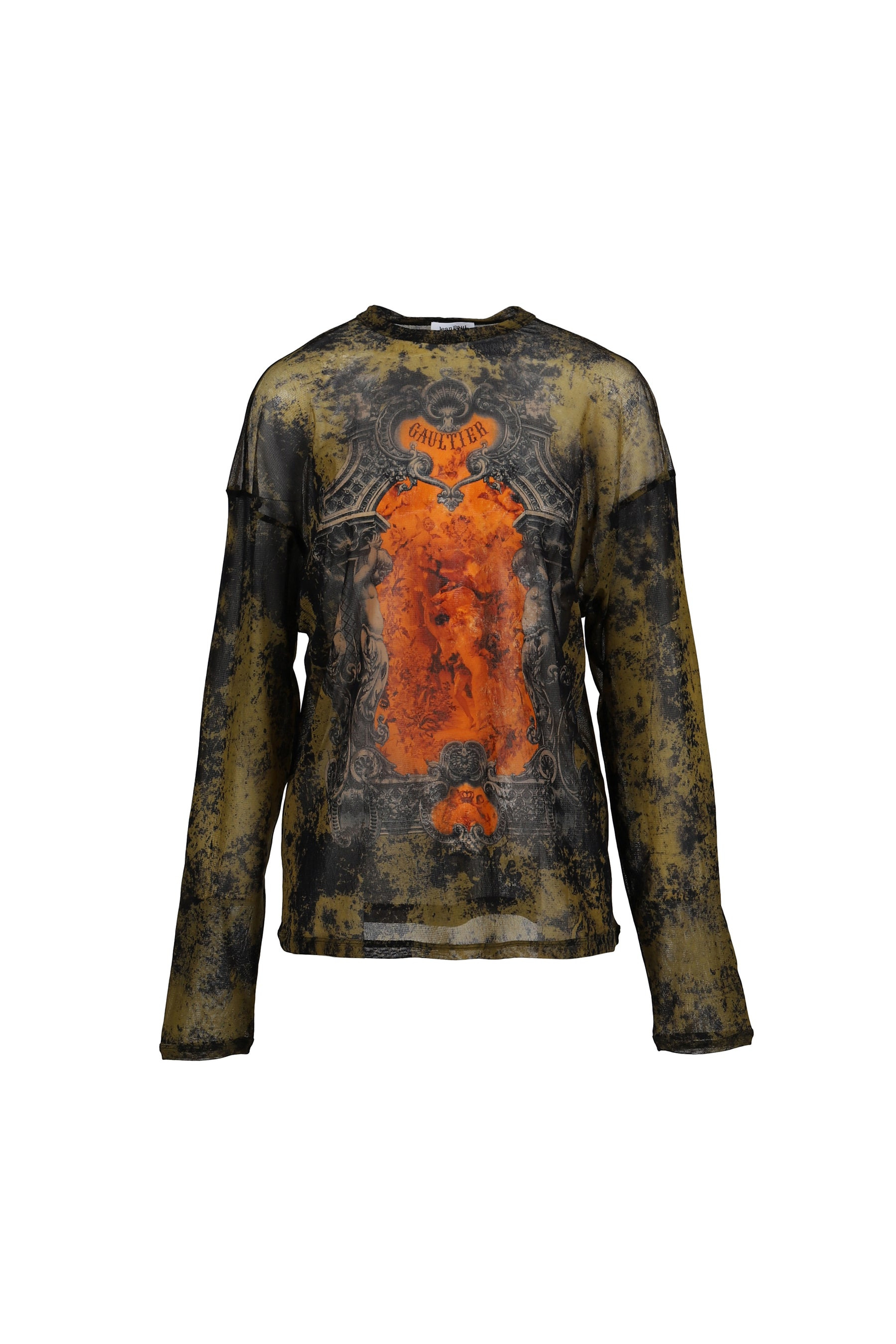 MESH OVERSIZED CREW NECK TOP PRINTED "MEDAILLON" / BLK/KHA/ORG - 5