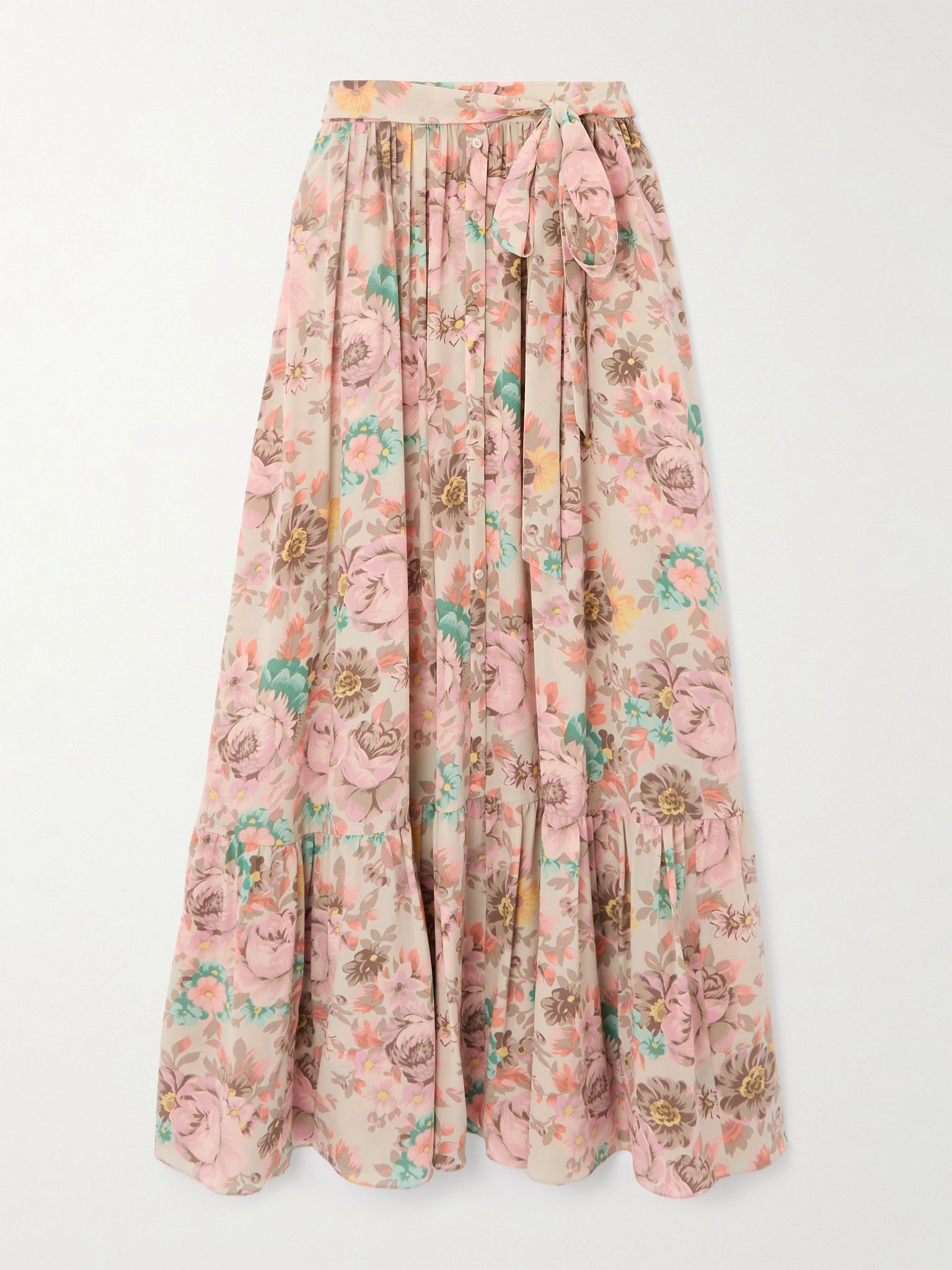 Belted floral-print silk crepe de chine maxi skirt Pink - 1