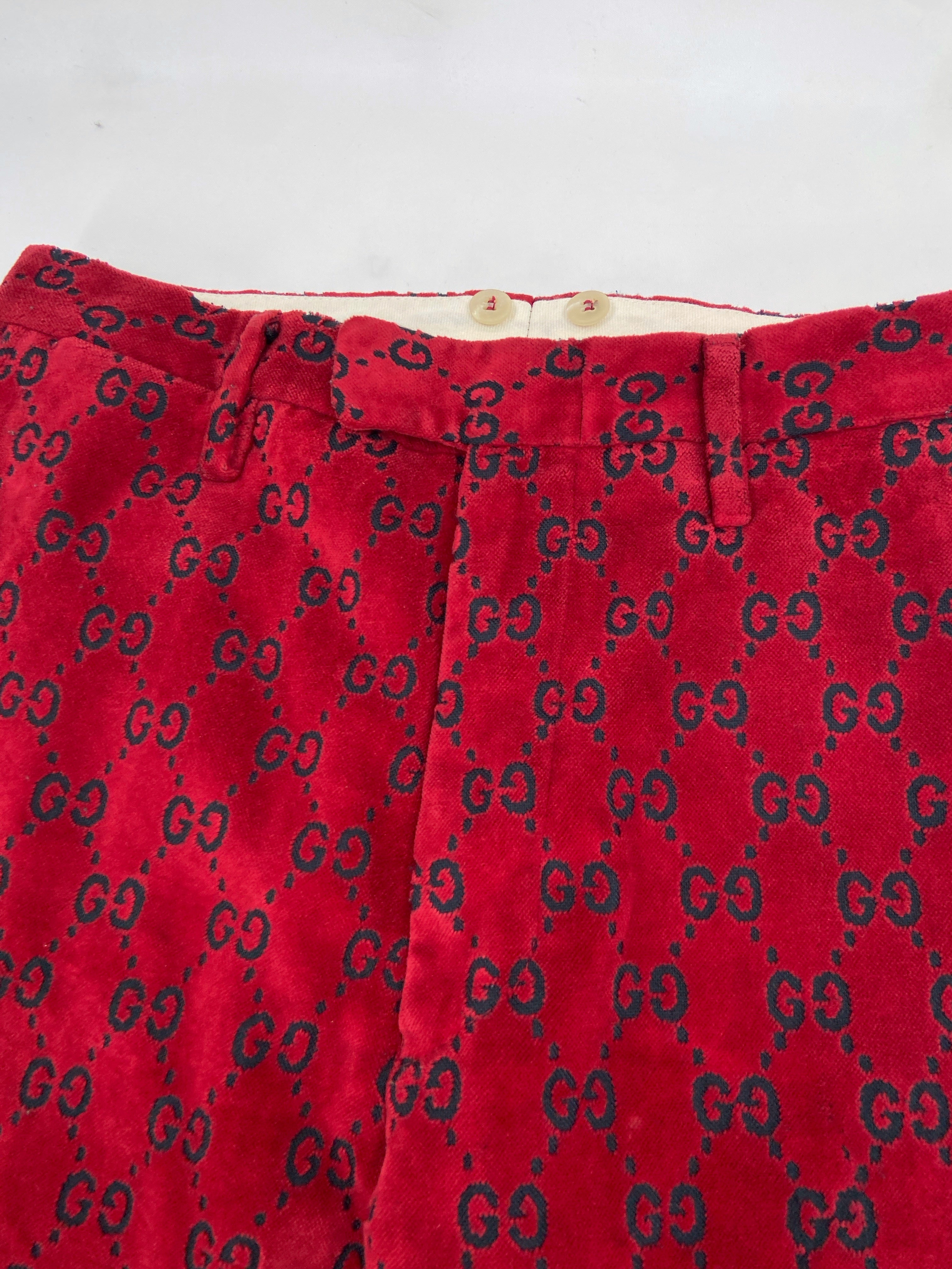 Gucci Fall 1997 Tom Ford Men’s Red Monogram Velvet Trousers Pants 48 - 11