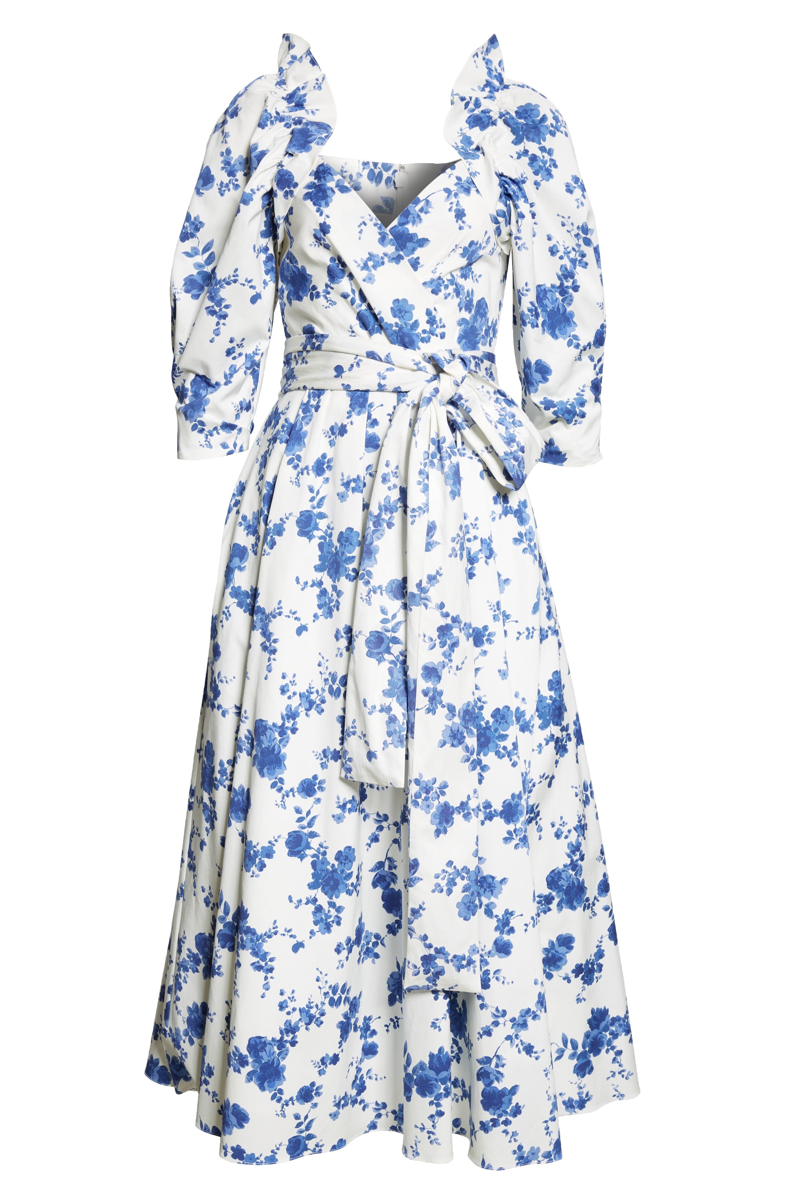 Carolina Herrera Floral Print Puff Sleeve Faux Wrap Dress in White Multi at Nordstrom - 5