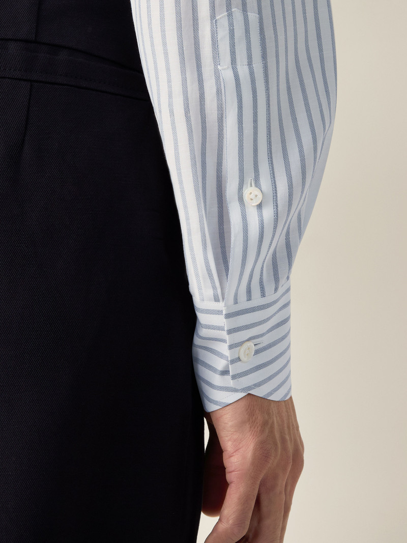 DARK INDIGO BLUE AND WHITE STRIPED COTTON LINEN AND SILK SHIRT 5