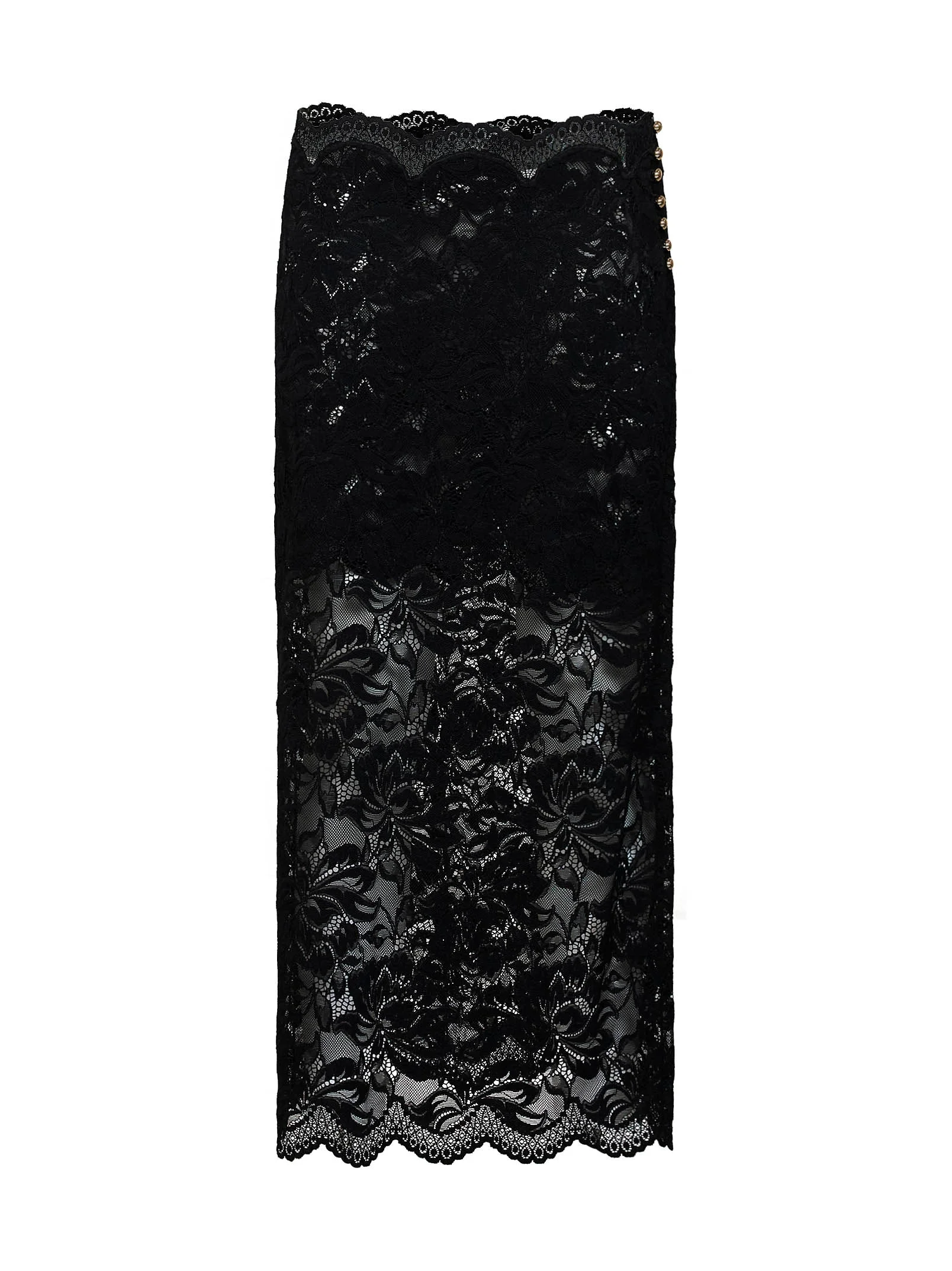 Black stretch floral lace midi skirt - 1