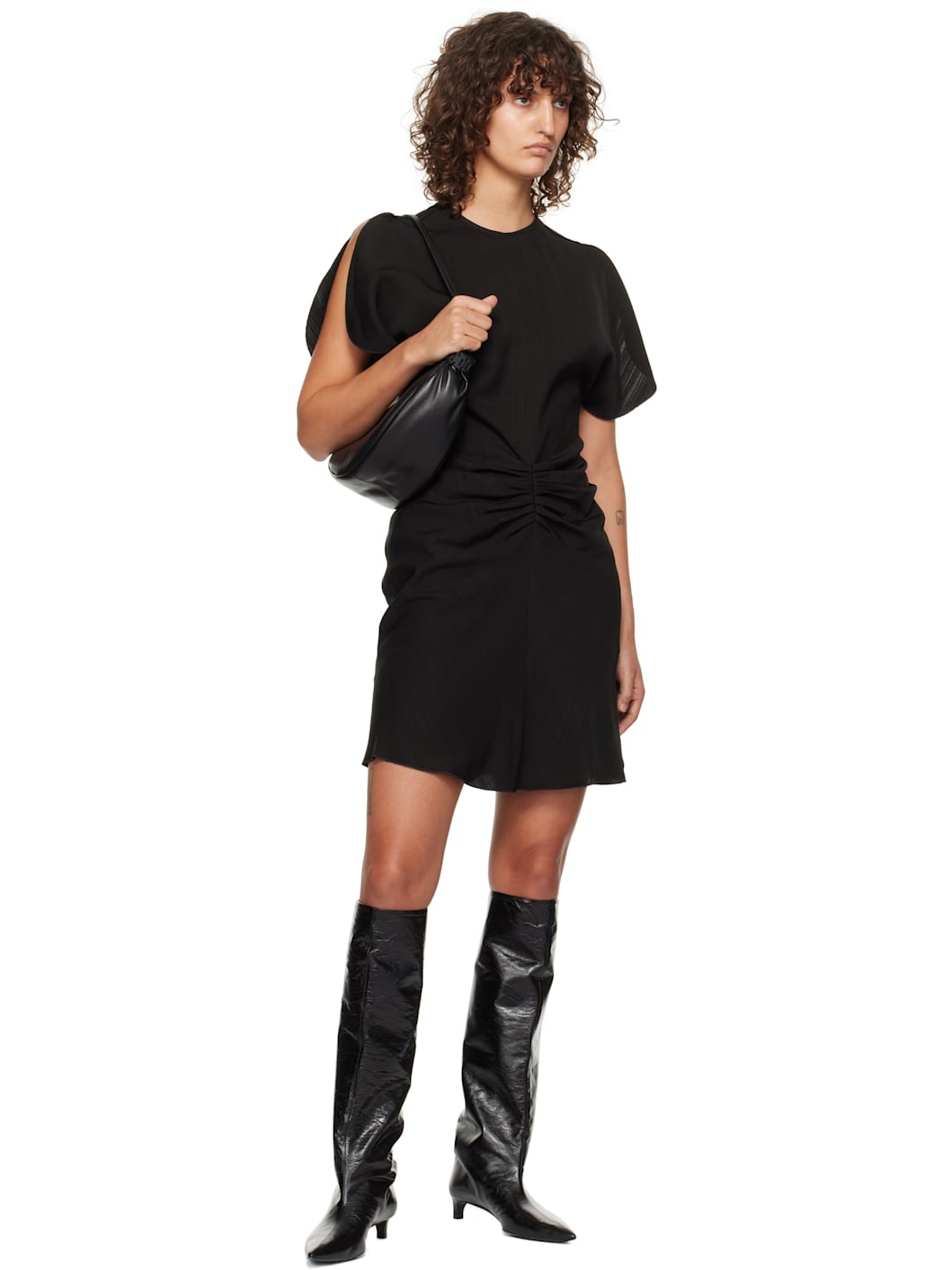 Black Gathered Waist Minidress - 4