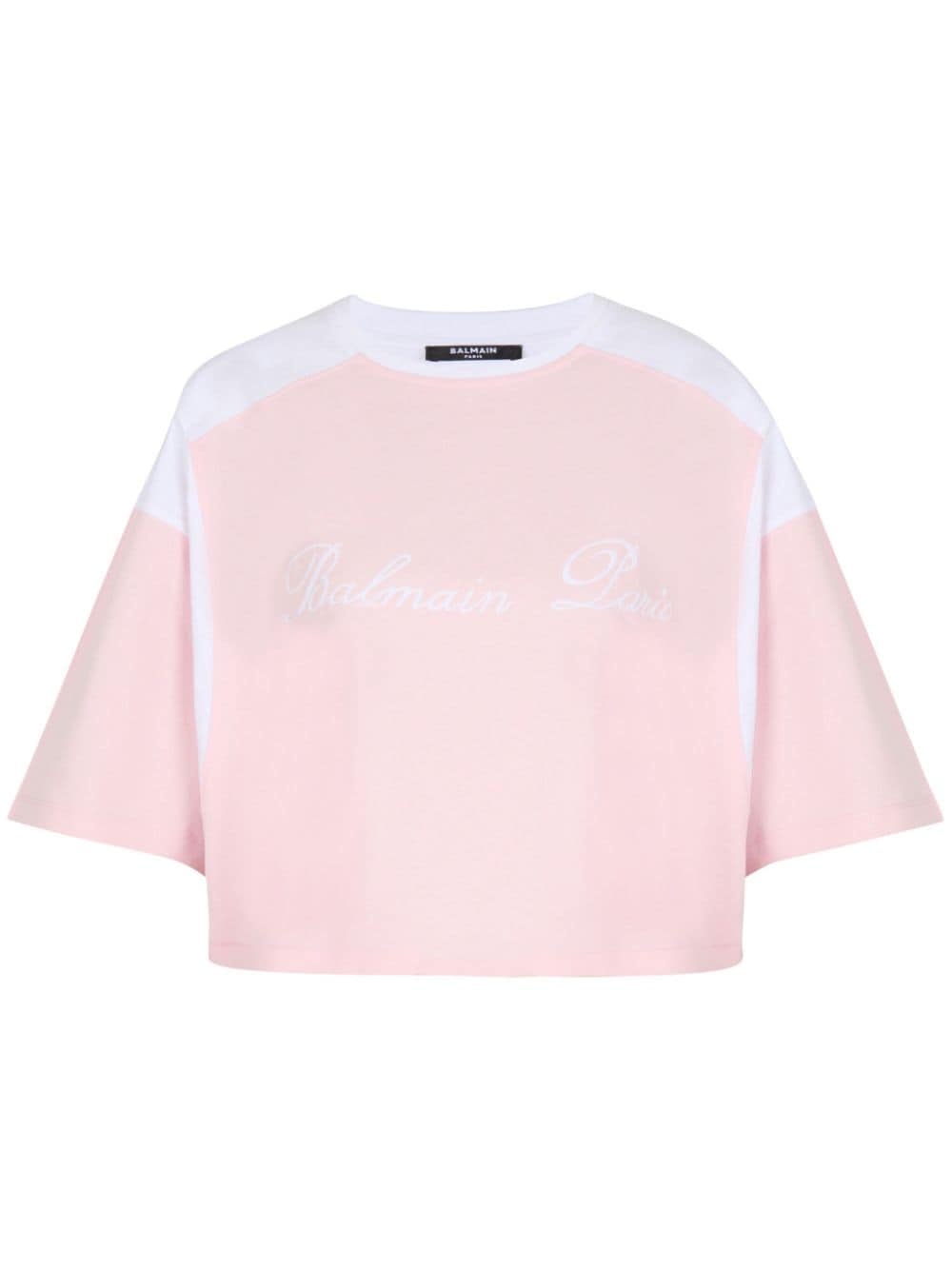 logo-embroidered panelled T-shirt - 1