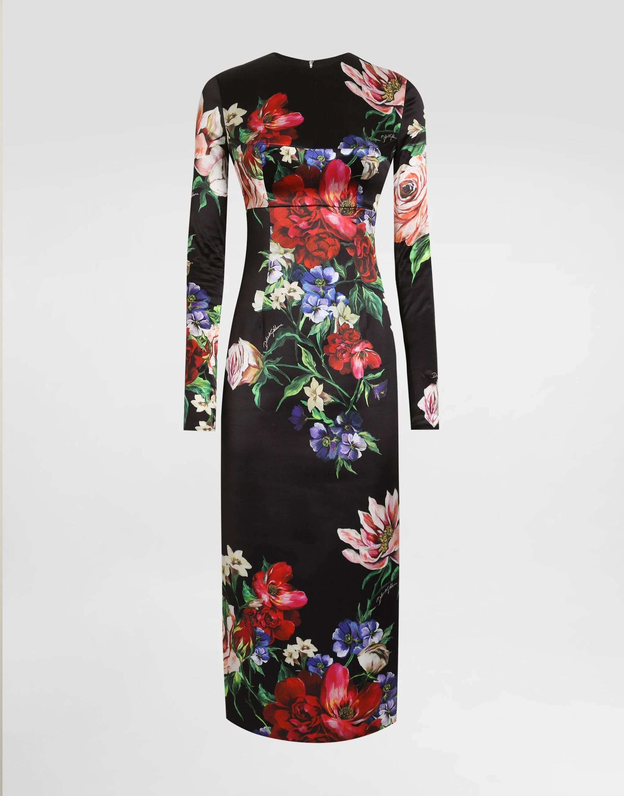 Satin calf-length round-neck dress with floral print - 1