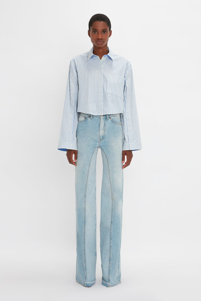 Victoria Beckham Button Detail Cropped Shirt In Chamomile Blue Stripe outlook