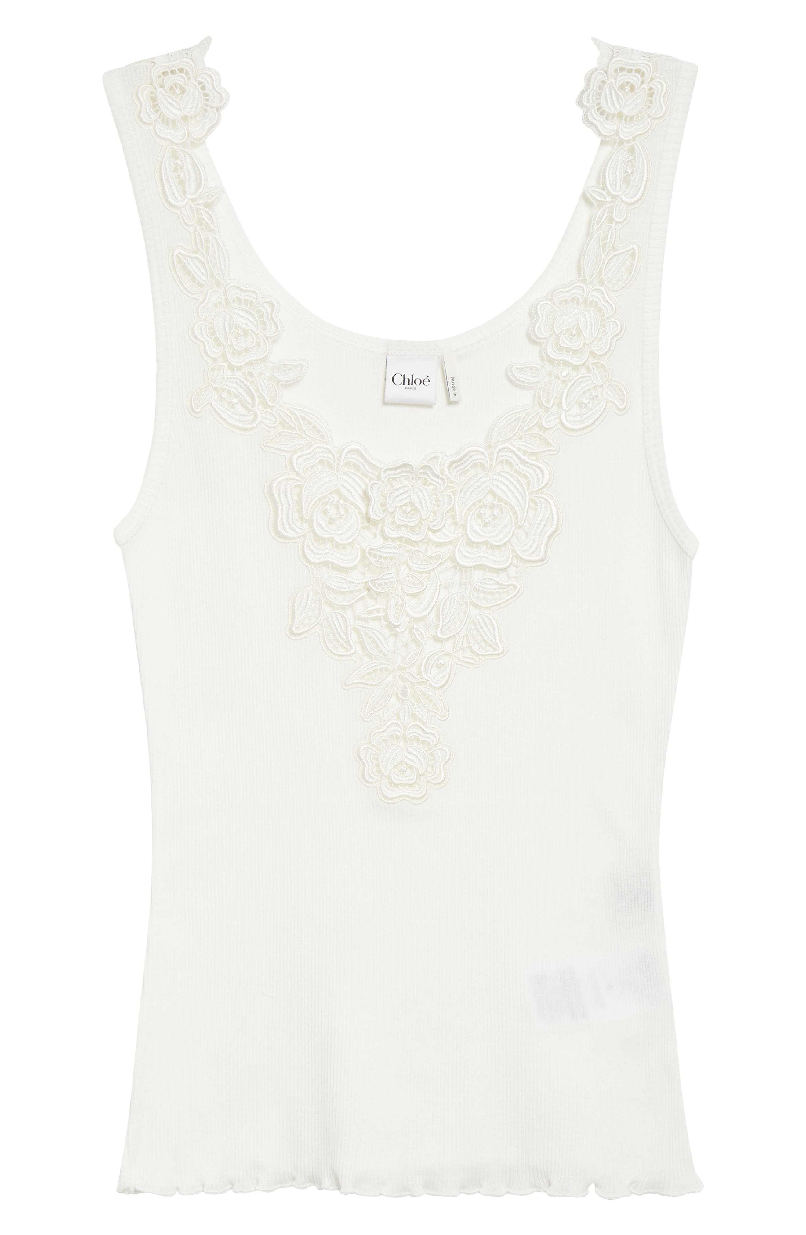 Chloé Guipure Trim Rib Fitted Cotton Jersey Tank in White at Nordstrom - 6