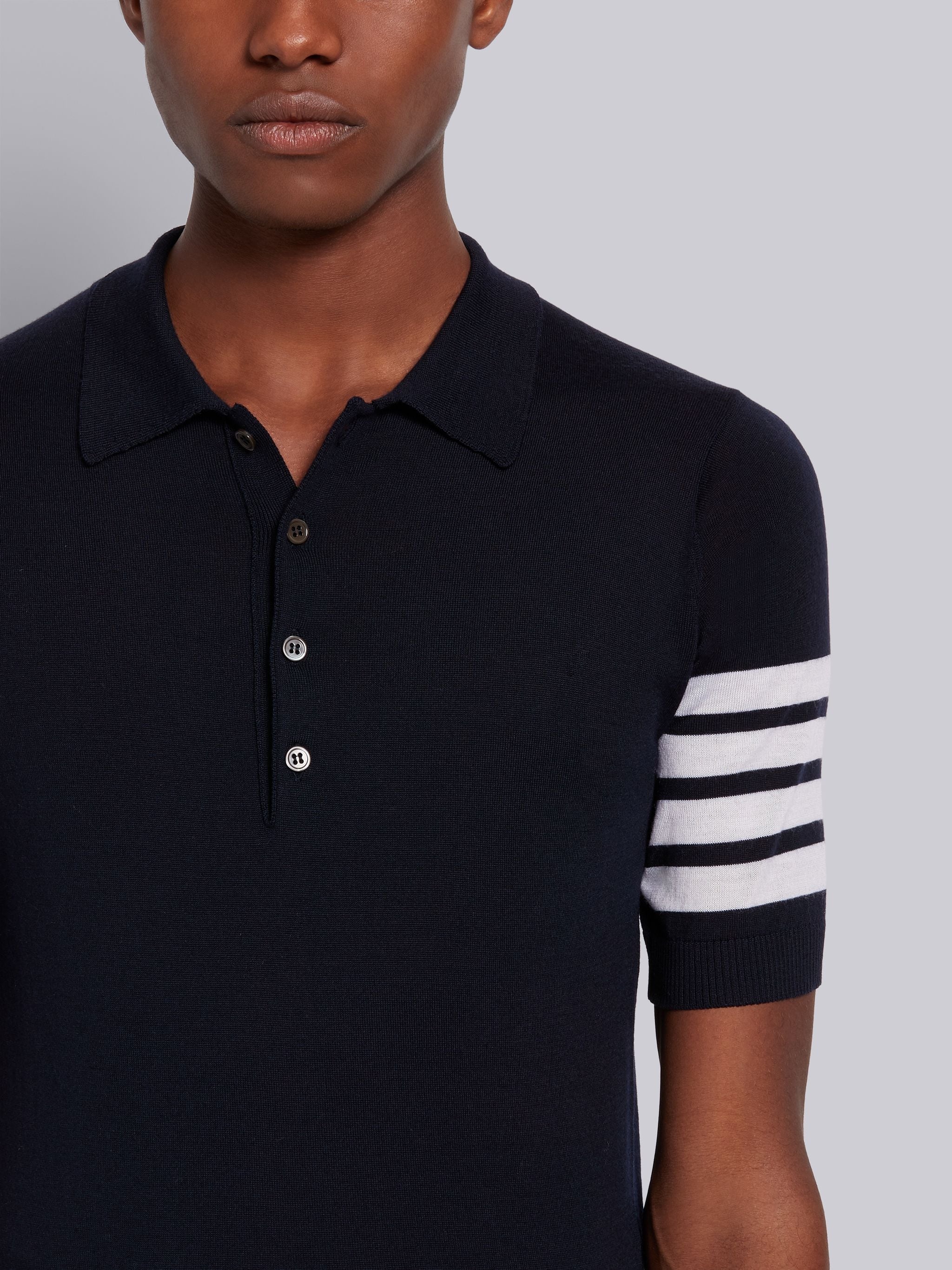 Navy Fine Merino Wool Short Sleeve 4-Bar Polo - 5