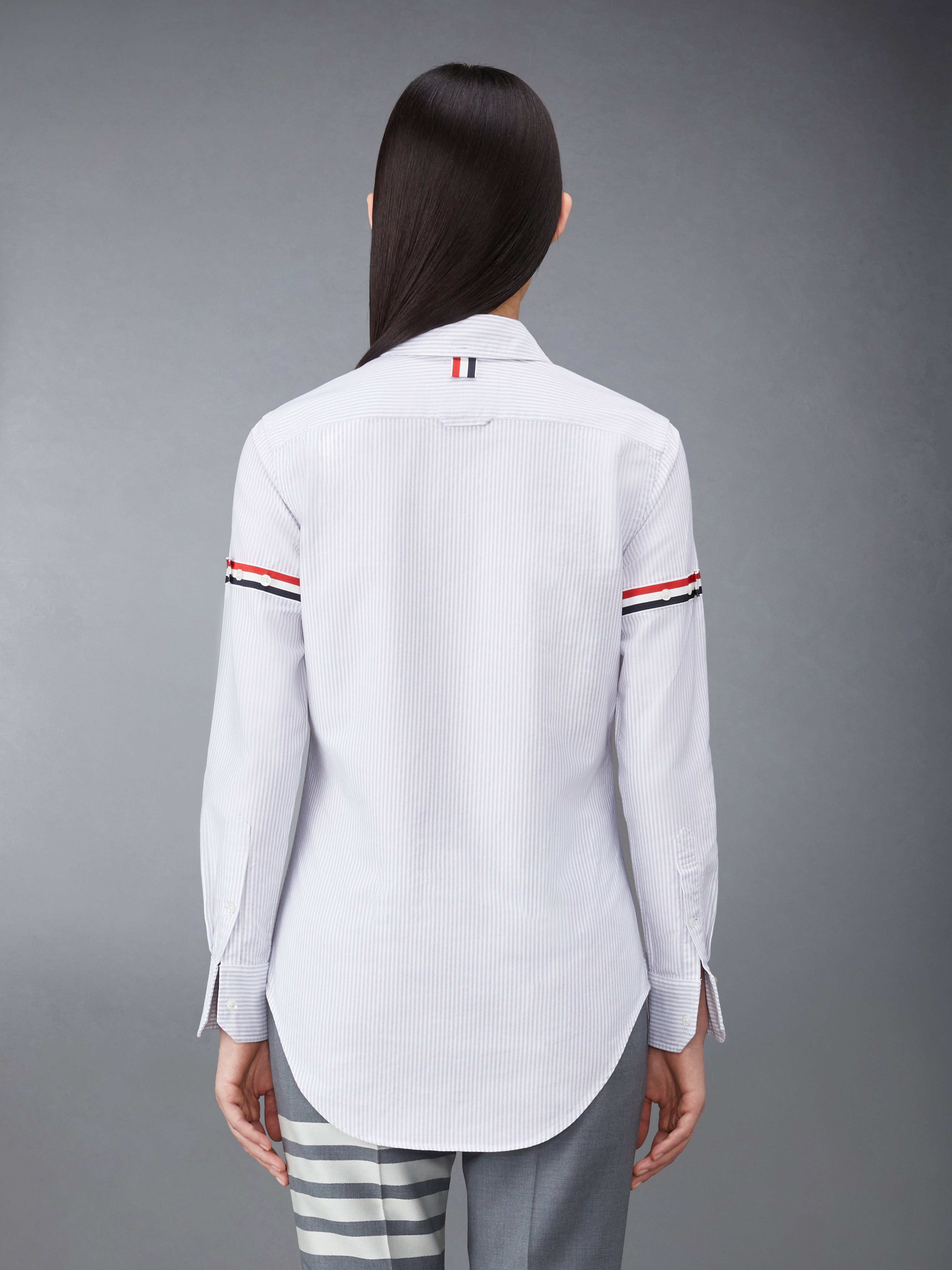Medium Grey University Stripe Oxford Grosgrain Armband Long Sleeve Shirt - 3